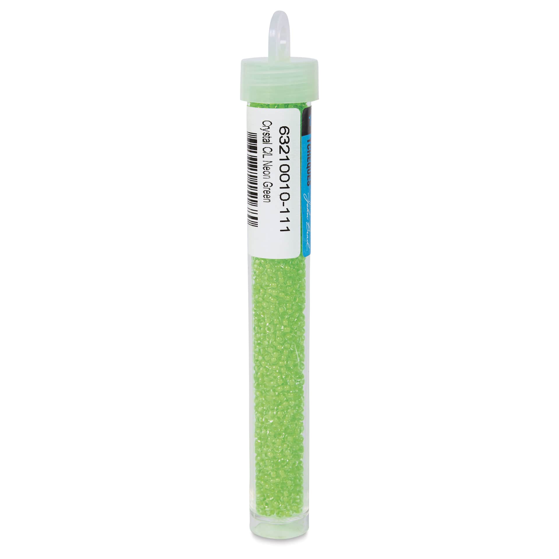 John Bead Czech Glass Seed Beads - Neon Green, Color Lined, 10/0, 22 g Vial back view