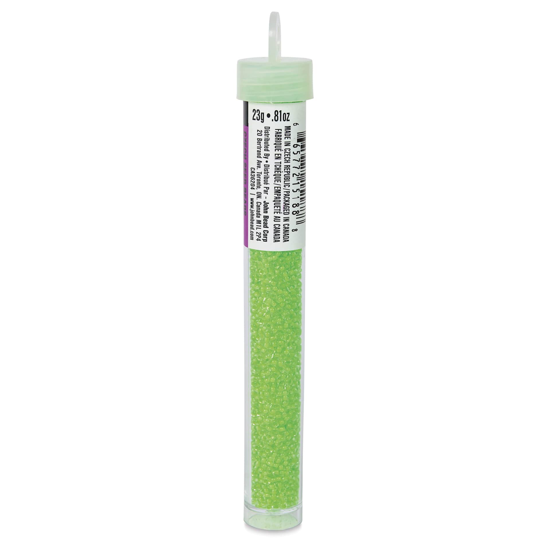 John Bead 11/0 Czech Glass Seed Beads - Neon Green, Color Lined, 23 g vial - right side