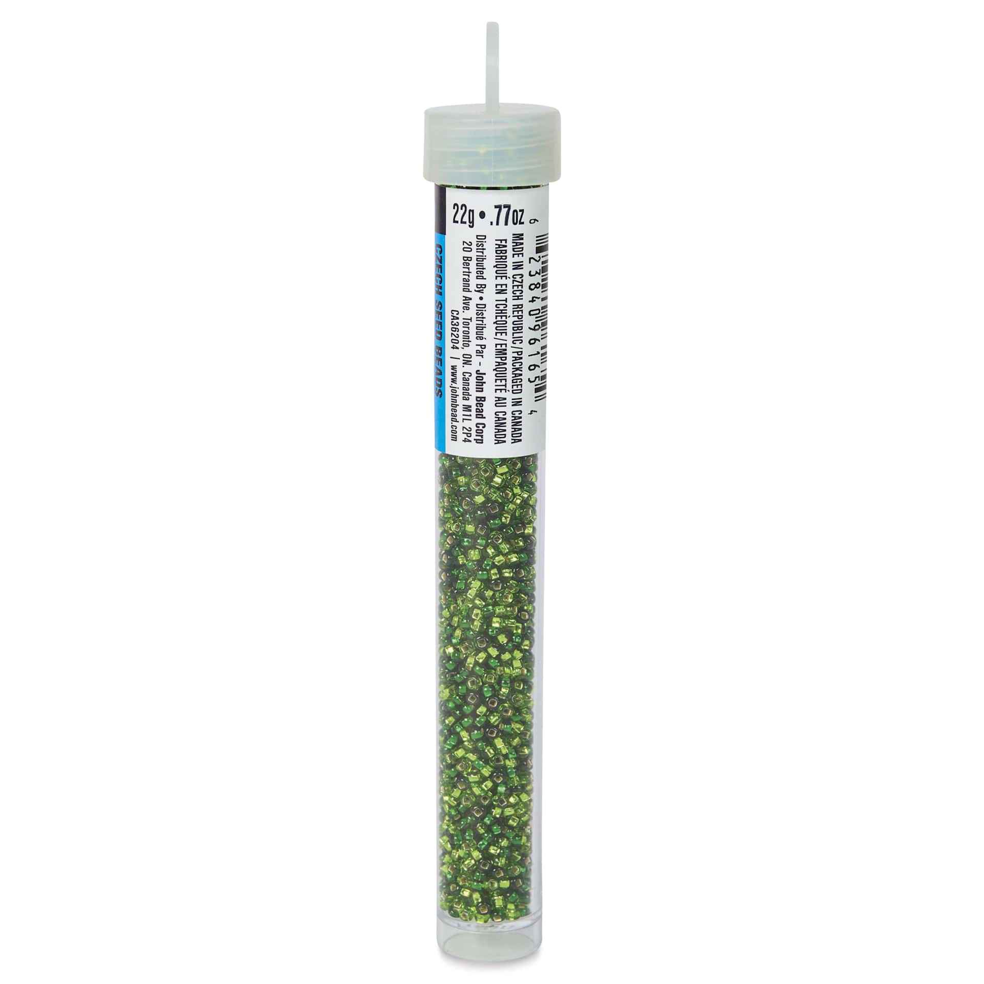 John Bead Czech Glass Seed Beads - Sea Green, Silver Lined, 10/0, 22 g Vial side view