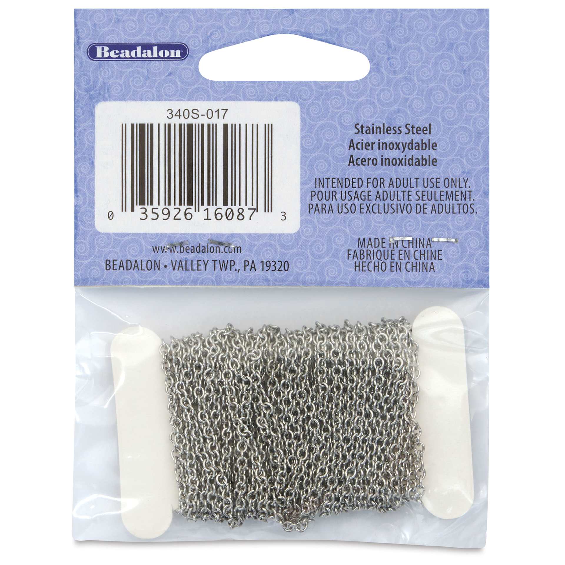 Beadalon Jewelry Chain - Stainless Steel, Oval, 2.5 mm x 4 m back of packaging