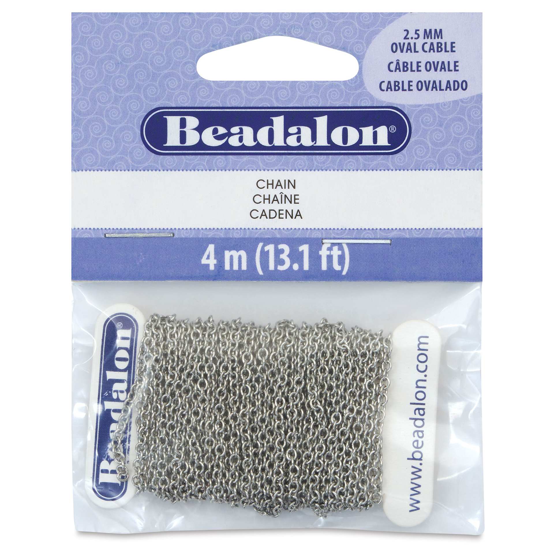 Beadalon Jewelry Chain - Stainless Steel, Oval, 2.5 mm x 4 m front of packaging