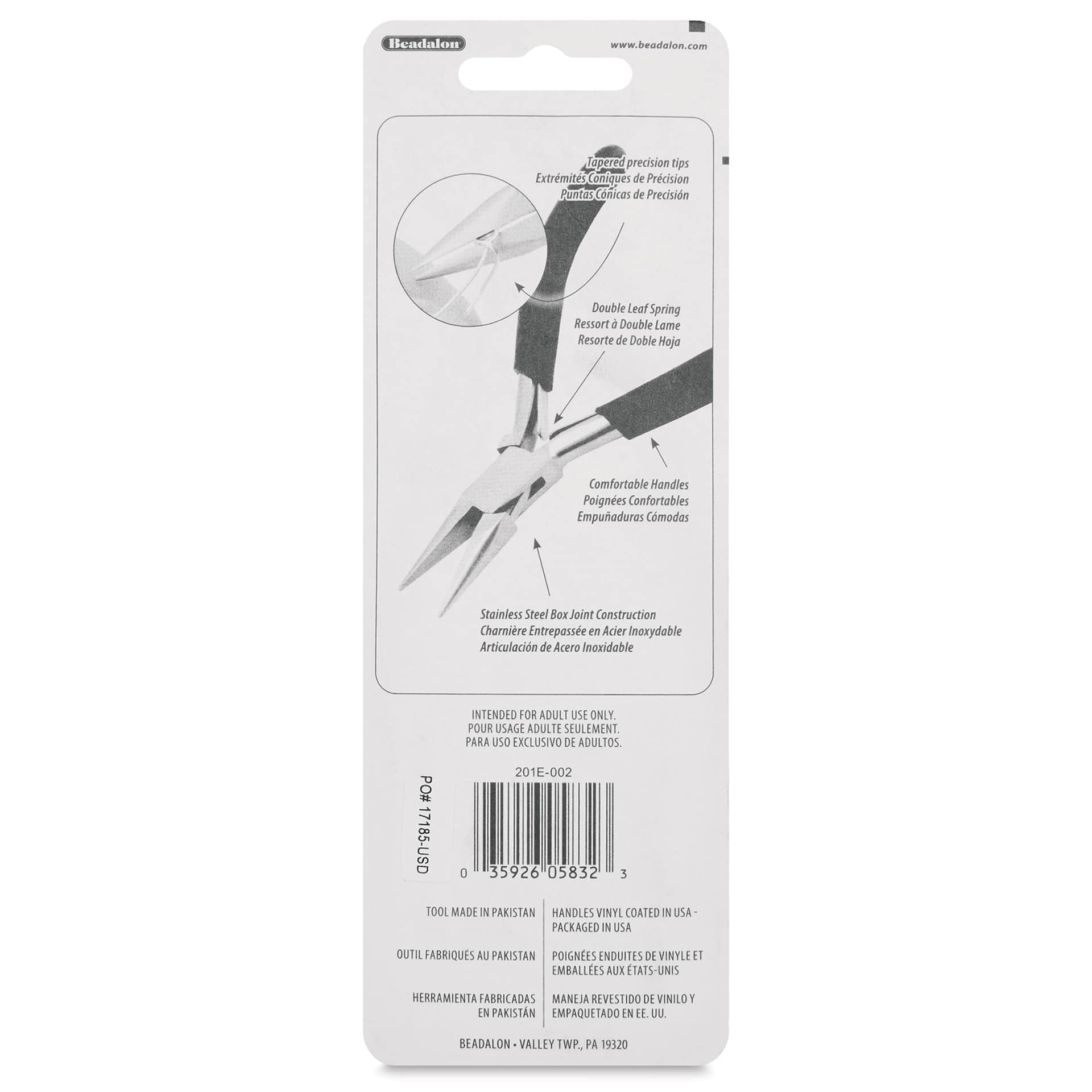 Designer Series Chain Nose Pliers back of packaging
