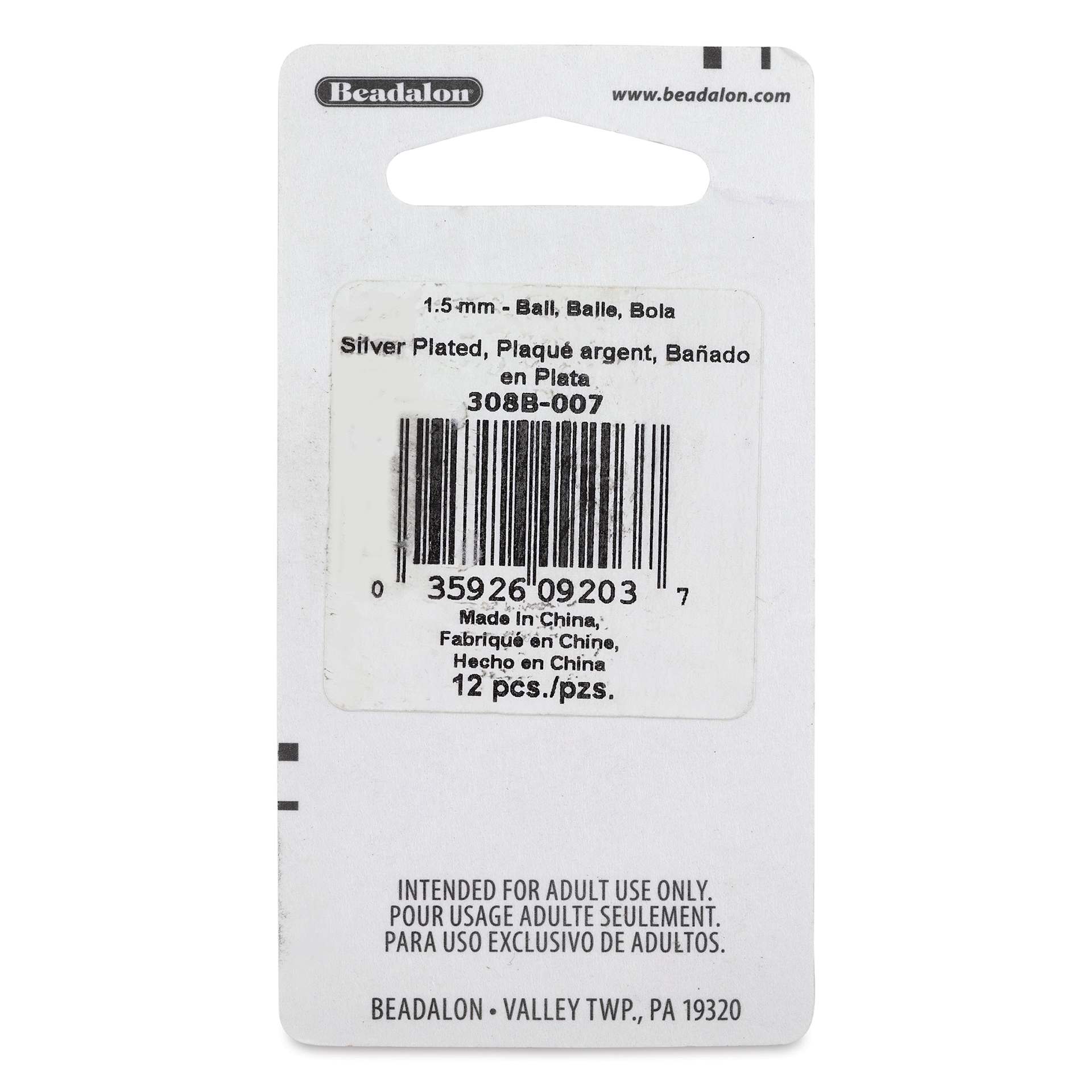 Beadalon Ear Wires - 1.5 mm, Classic, Ball, Silver Plated, Pkg of 12 back of packaging