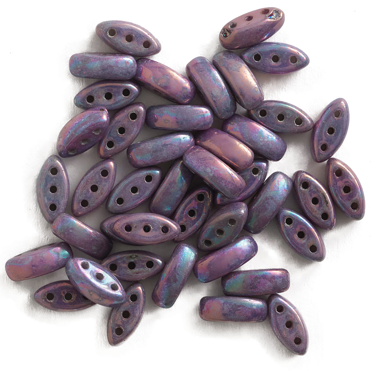 John Bead Czech Glass Cali Three-Hole Beads - White and Iris beads in loose pile