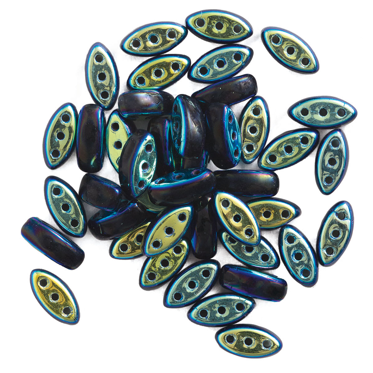 John Bead Czech Glass Cali Three-Hole Beads - Black and Aurora Borealis beads in loose pile
