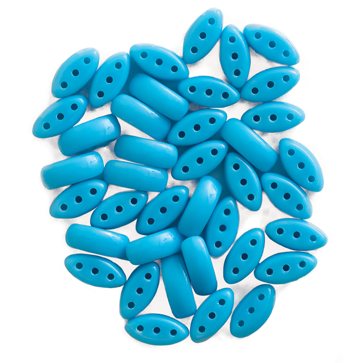 John Bead Czech Glass Cali Three-Hole Beads - Turquoise beads in loose pile