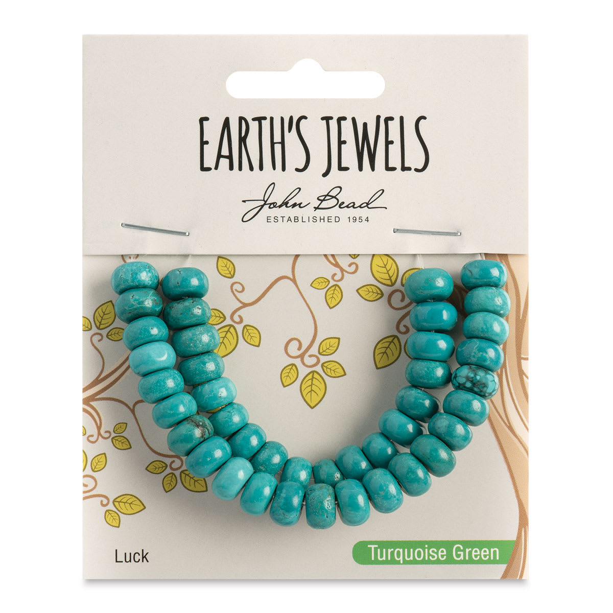 John Bead Earth’s Jewels Green Stabilized Turquoise Beads - Donut Rondelle, Pkg of 41, 5 mm x 8 mm - front of packaging