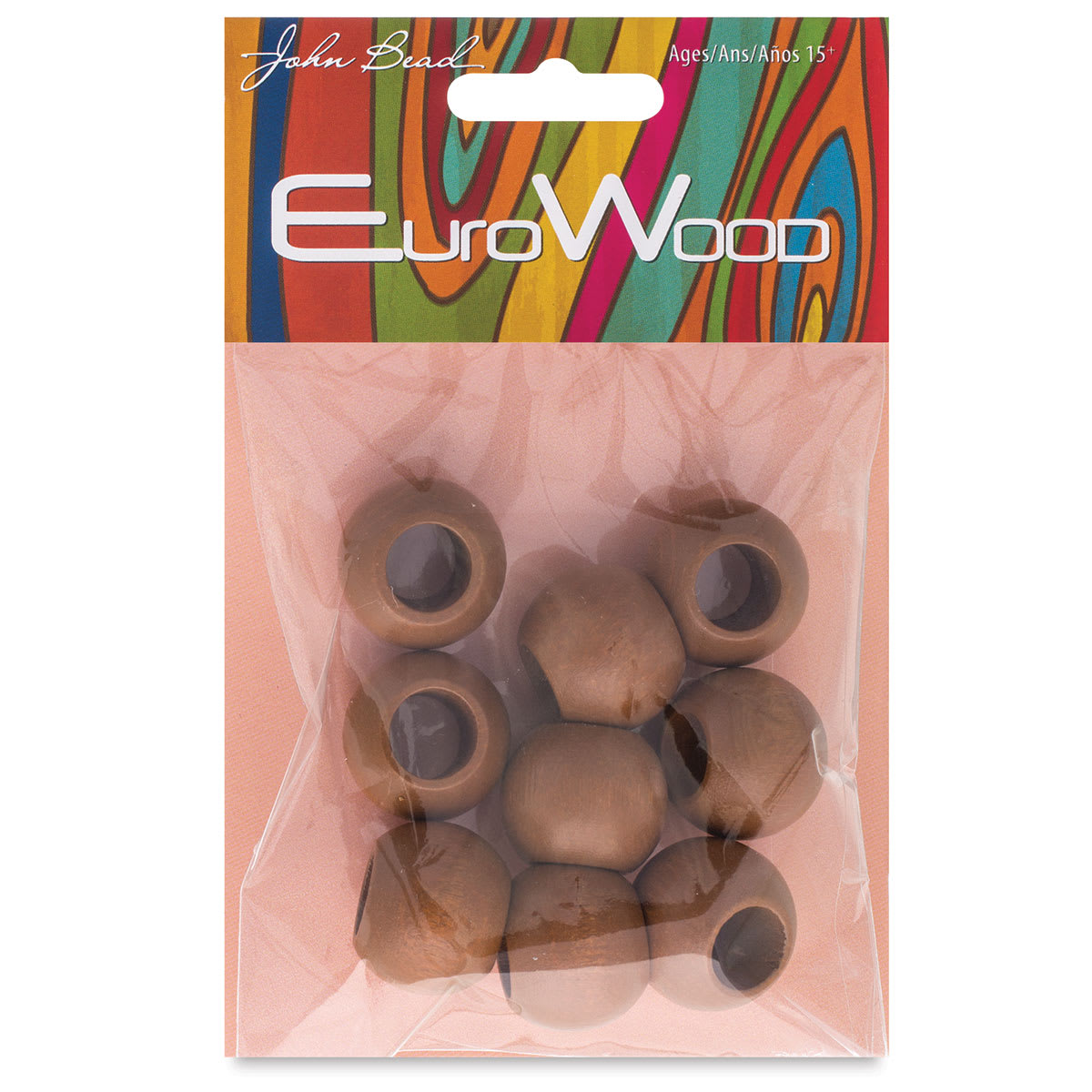 John Bead Euro Wood Beads - Coffee, Round, Large Hole, 20 mm x 16 mm, Pkg of 9