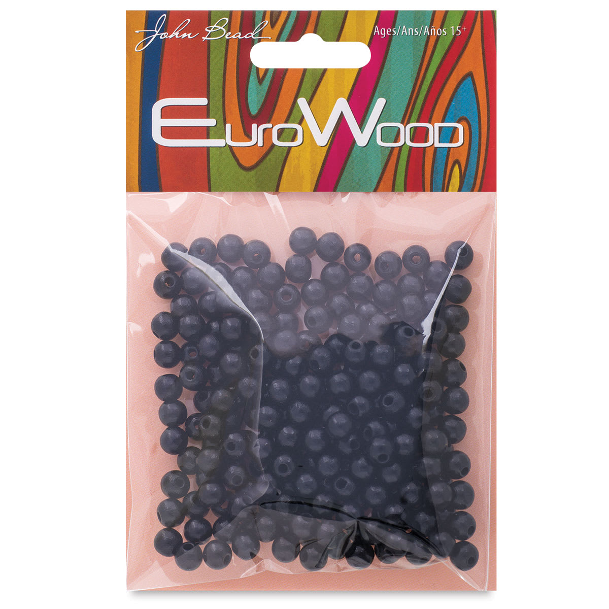 John Bead Euro Wood Beads - Black, Round, 6 mm, Pkg of 200 - front of packaging