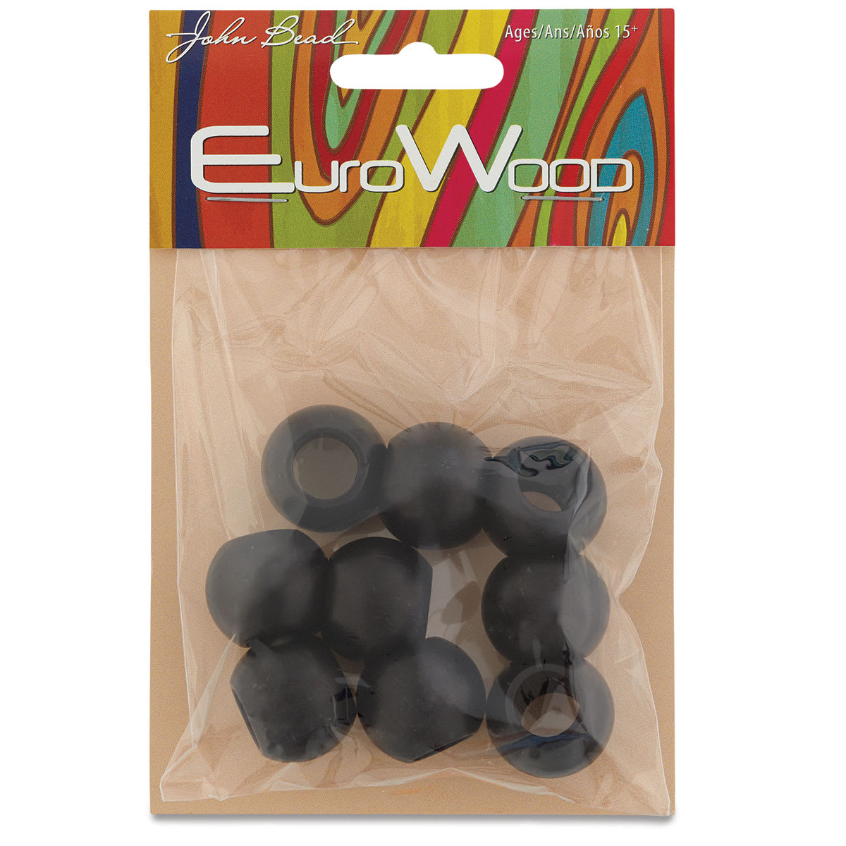 John Bead Euro Wood Beads - Black, Round Large Hole, 20 mm x 16 mm, Pkg of 9 - front of packaging