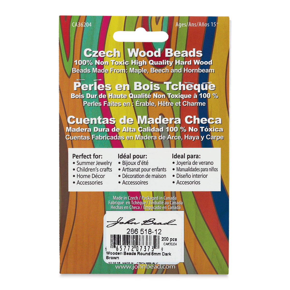 John Bead Euro Wood Beads - Dark Brown, Round, 6 mm, Pkg of 200 - back of packaging