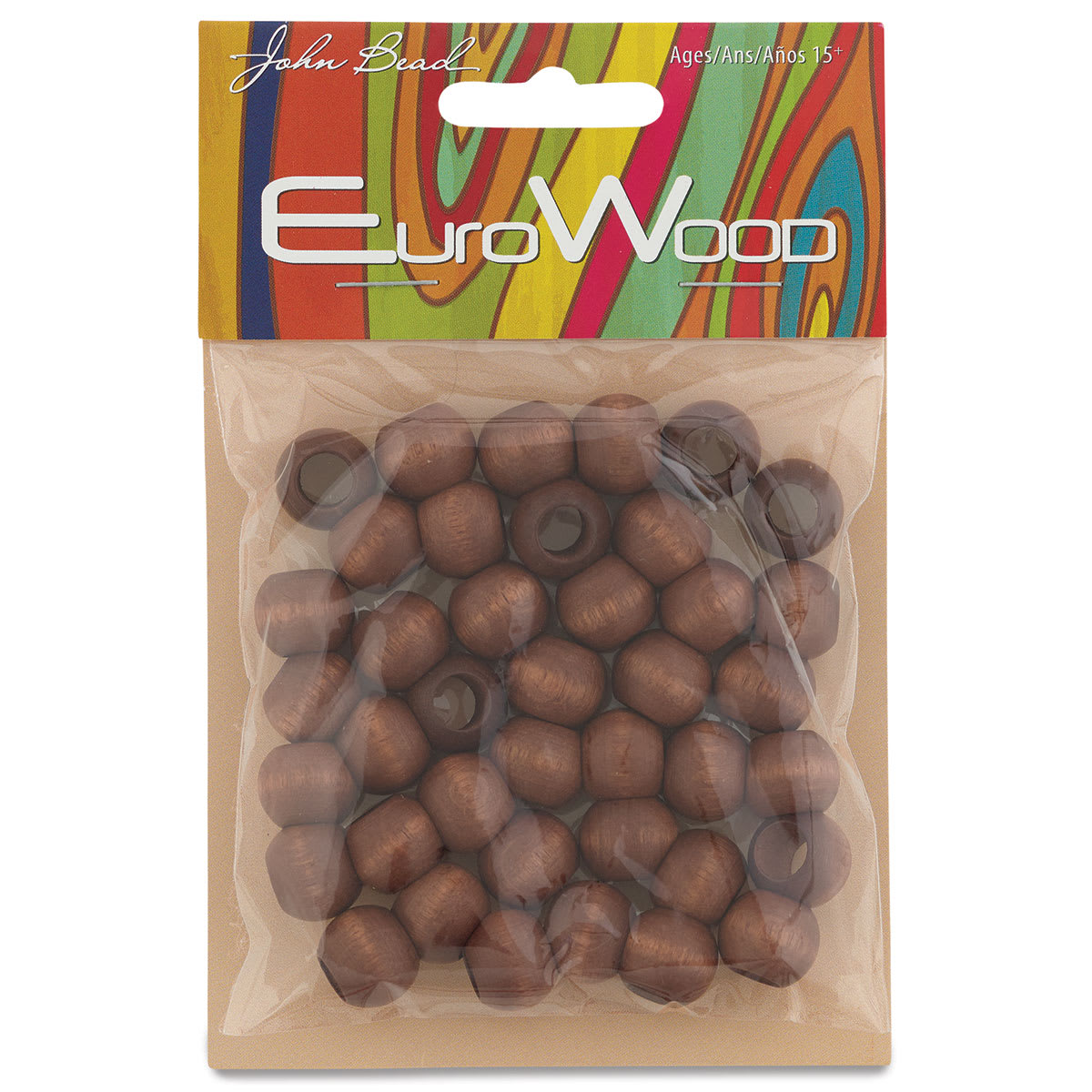 John Bead Euro Wood Beads - Dark Brown, Round Large Hole, 12 mm x 9.8 mm, Pkg of 40 - front of packaging