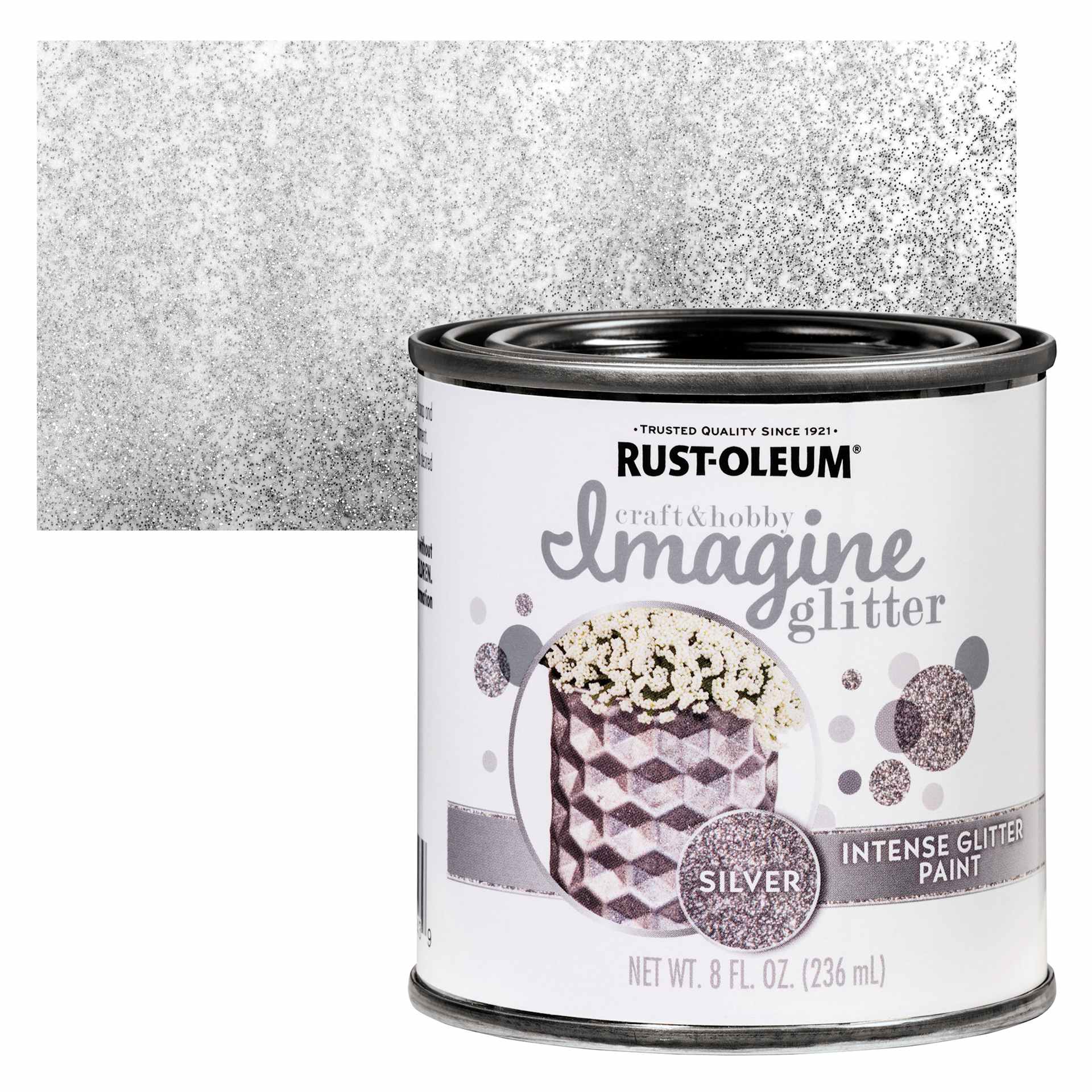 Rust-Oleum Imagine Intense Glitter Paint - Silver, 8 oz can and swatch