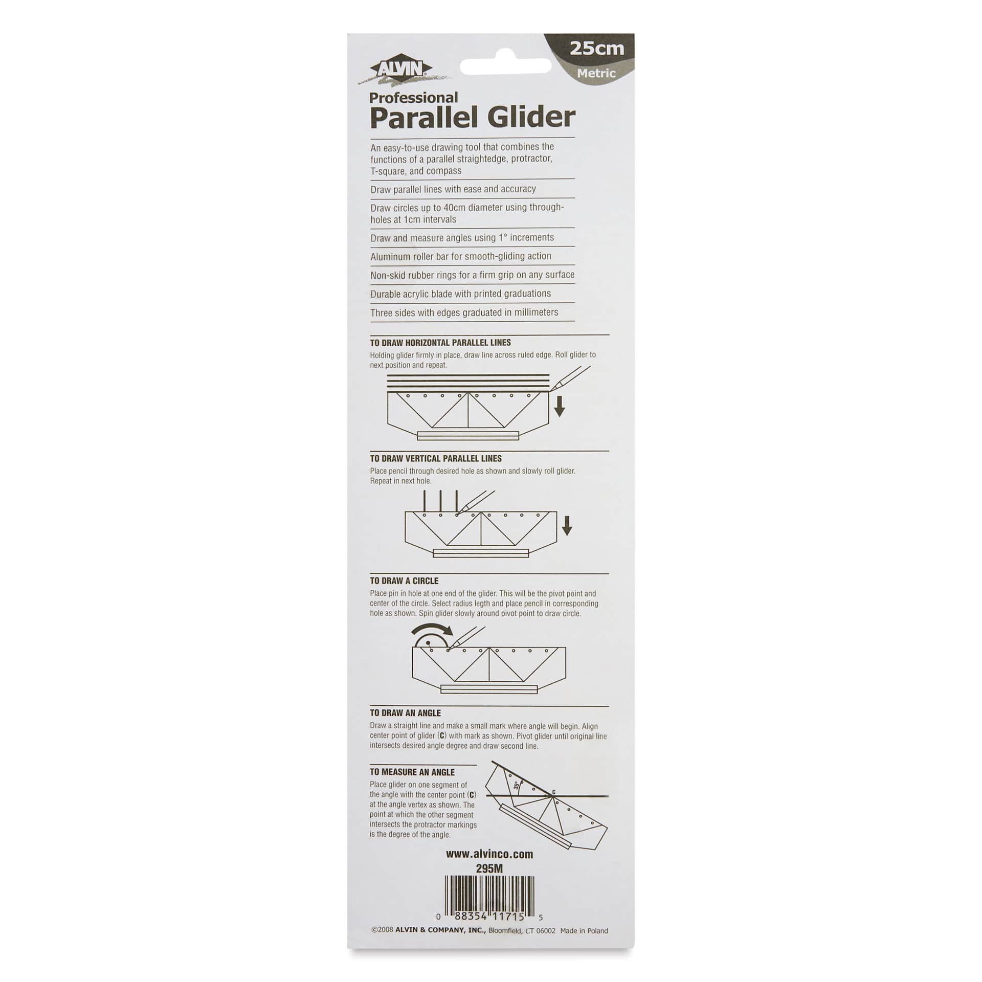 Alvin Parallel Glider Metric - 10" (25.4 cm), back of packaging
