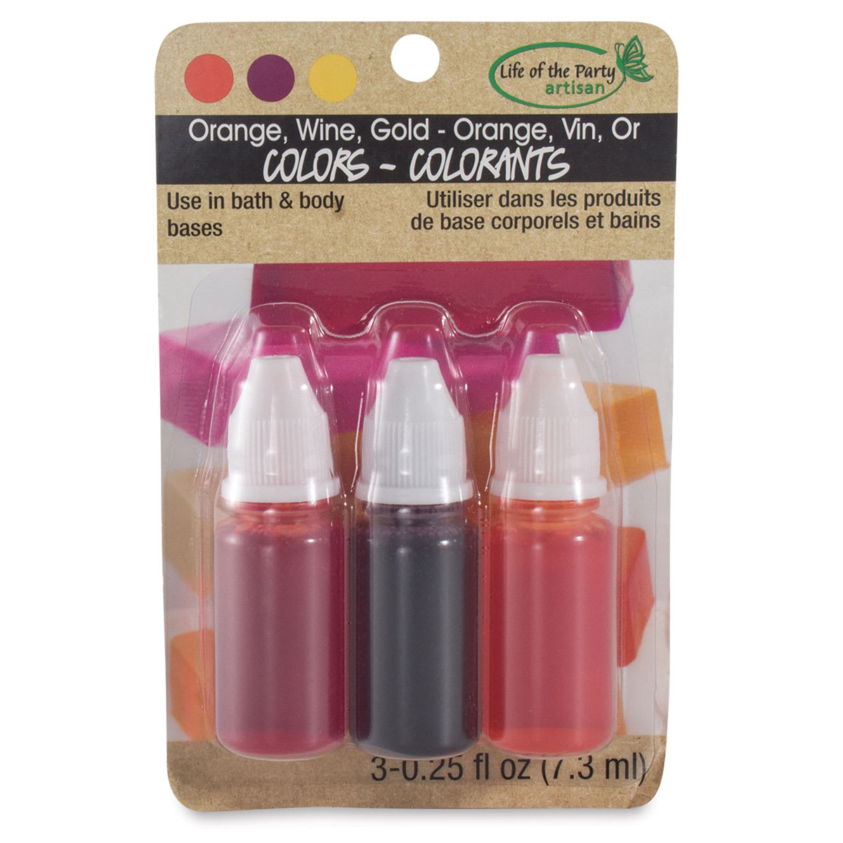 Life of the Party Soap Dyes - Blister package of Wine, Orange, and Gold Dyes