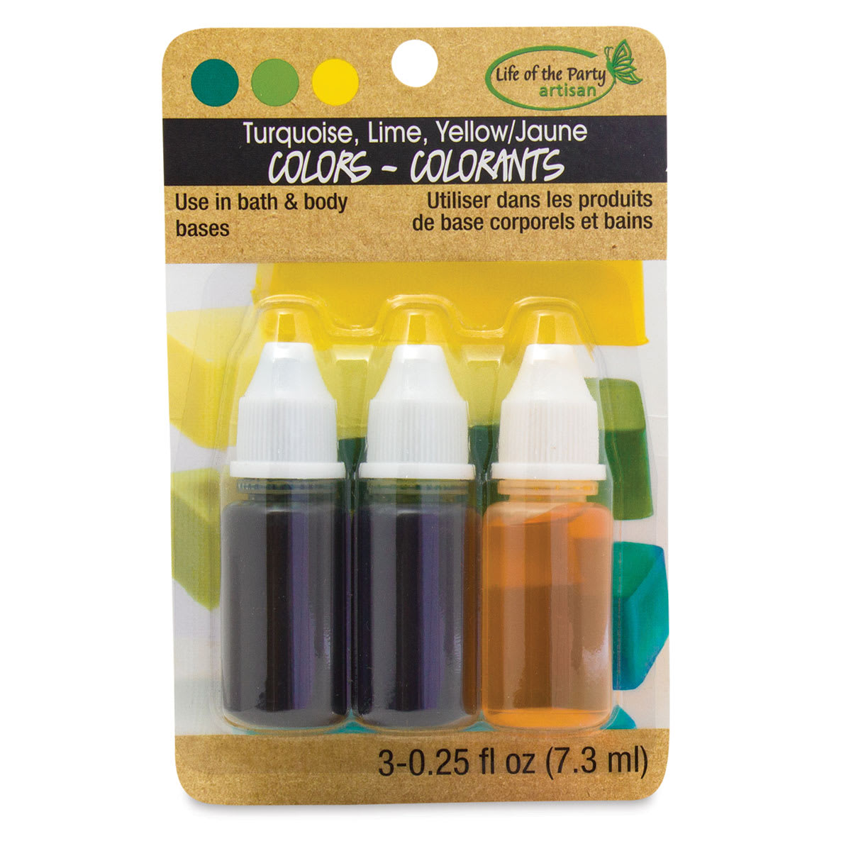 Life of the Party Soap Dyes - Blister package of Turquoise, Lime, and Yellow Dyes