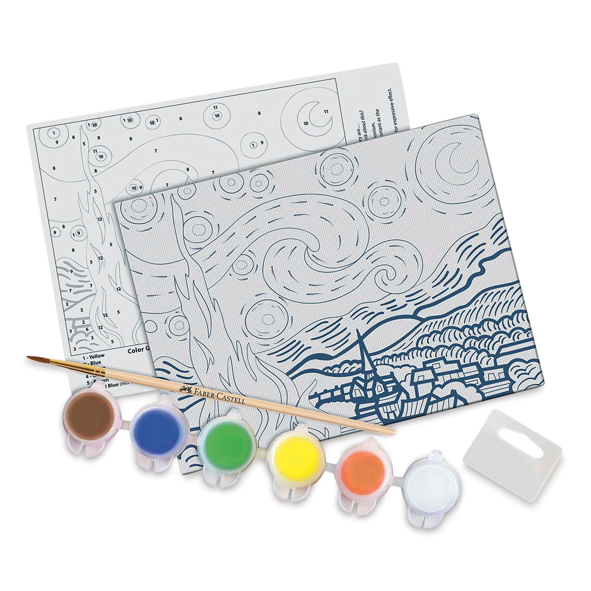 Paint by Number Museum Series Kit - Components of The Starry Night Kit with paint, Instructions, and brush