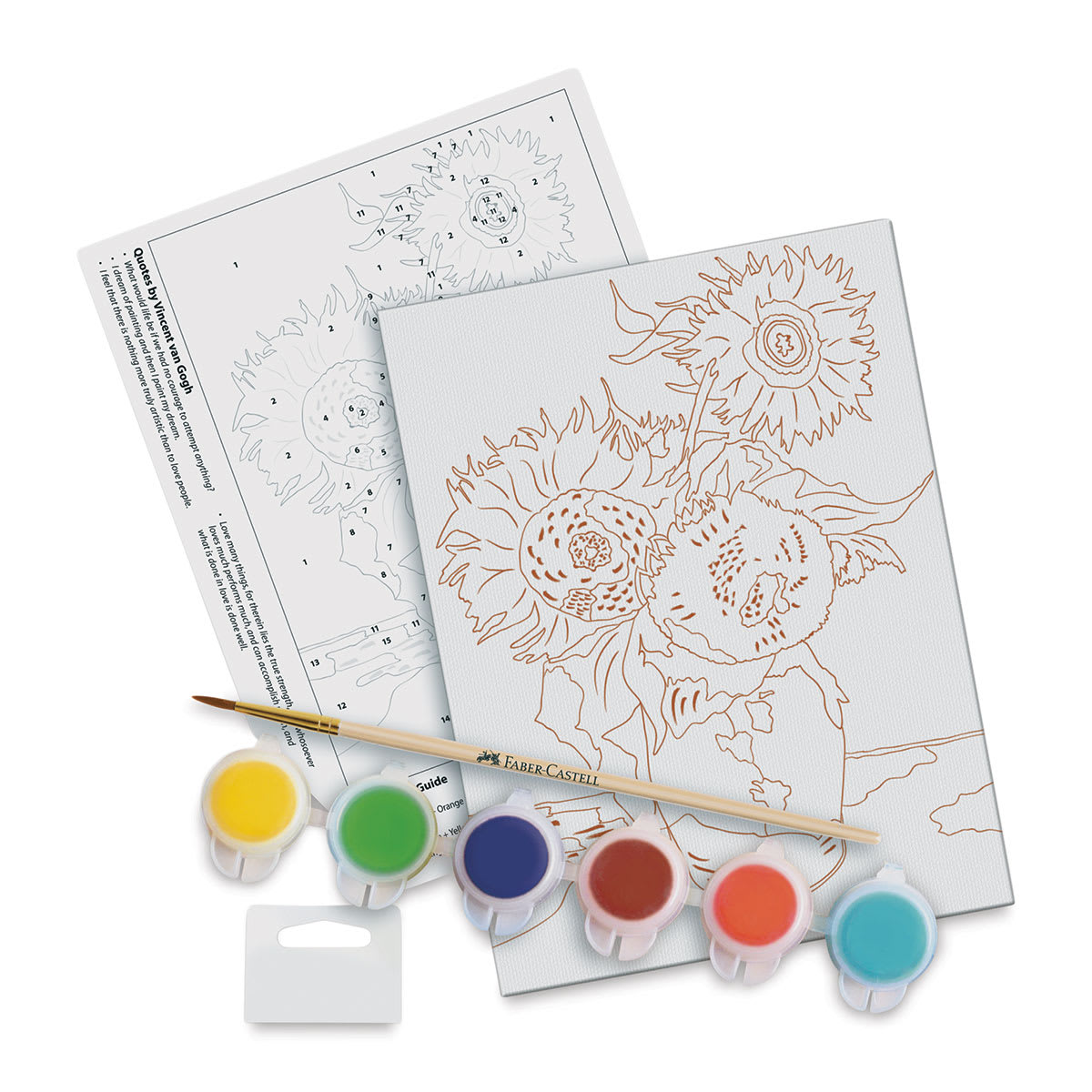 Paint by Number Museum Series Kit - Components of Sunflowers Kit with paint, Instructions, and brush