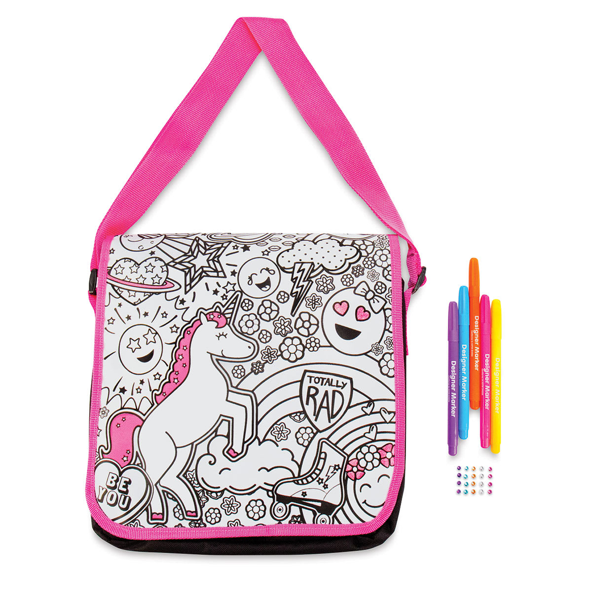 Horizon It's So Me! Glitter Messenger Bag - Bag upright with markers adjacent
