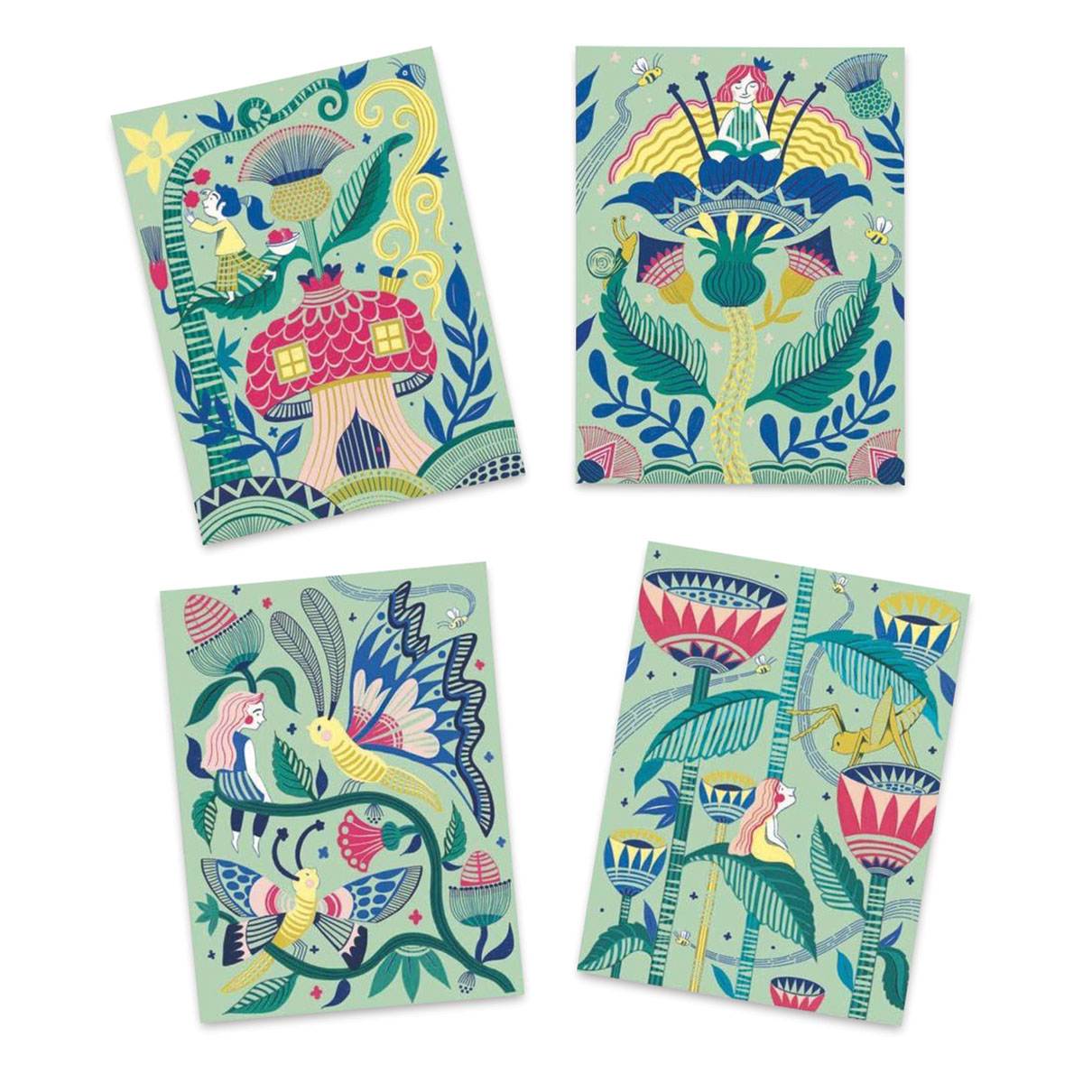 Djeco Pastel Scratch Boards Set - Fantasy Garden (Sample completed scratch boards)