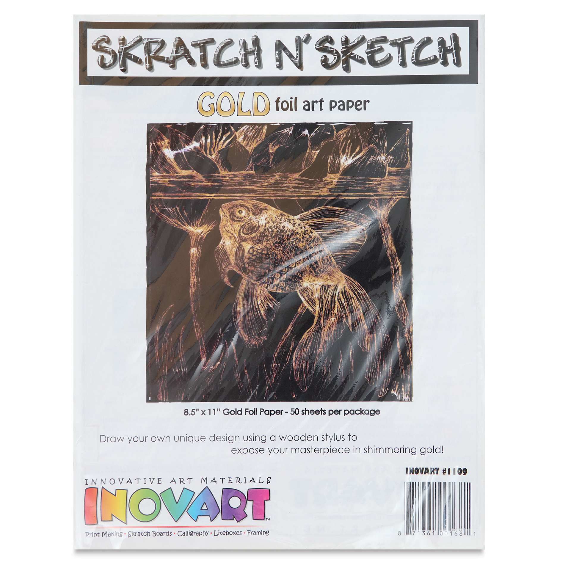 Inovart Skratch N' Sketch Scratch Foil Paper - Gold, Pkg of 50, front of the packaging 