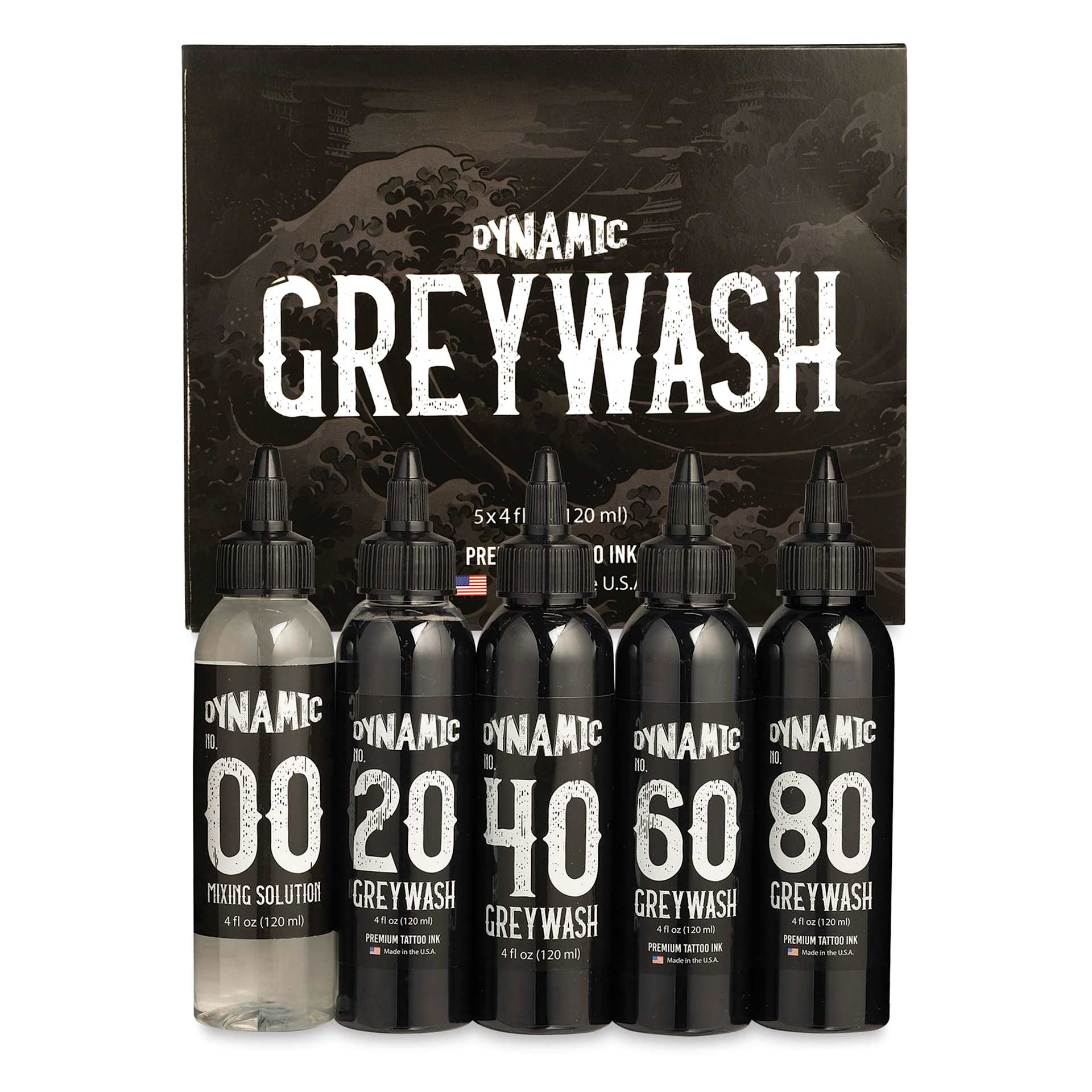 Dynamic Color Tattoo Inks and Sets - Set of 5, Greywash, 4 oz, contents and packaging