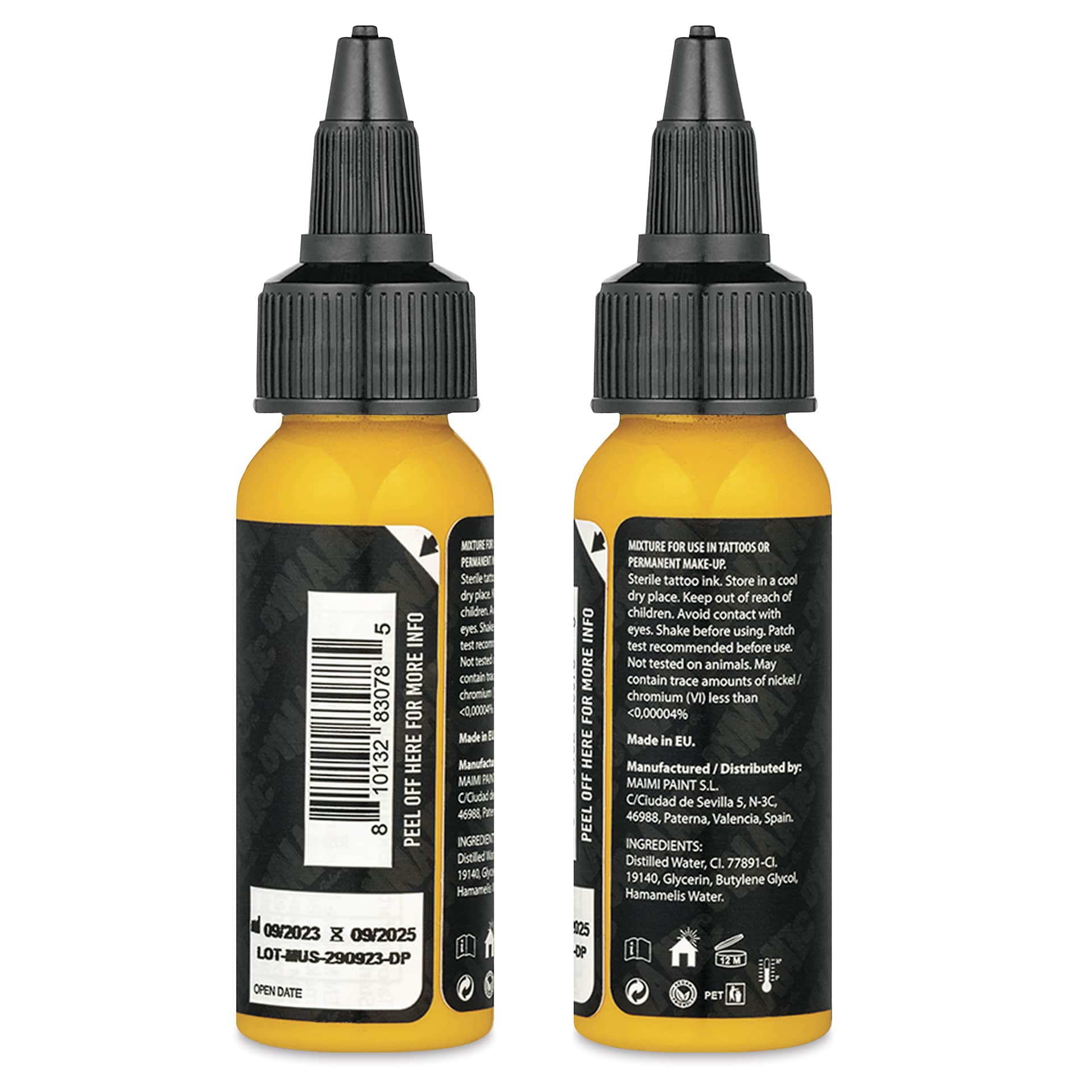 Dynamic Color Tattoo Ink - Mustard Yellow, 1 oz bottle, sides of bottle