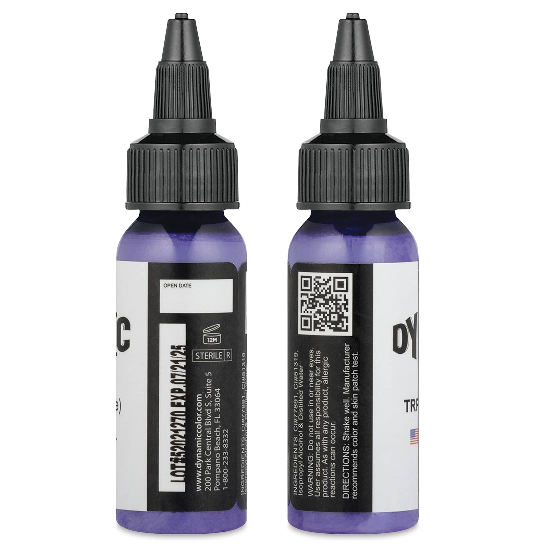 Dynamic Color Tattoo Ink - Tropical Purple, 1 oz bottle, sides of bottle