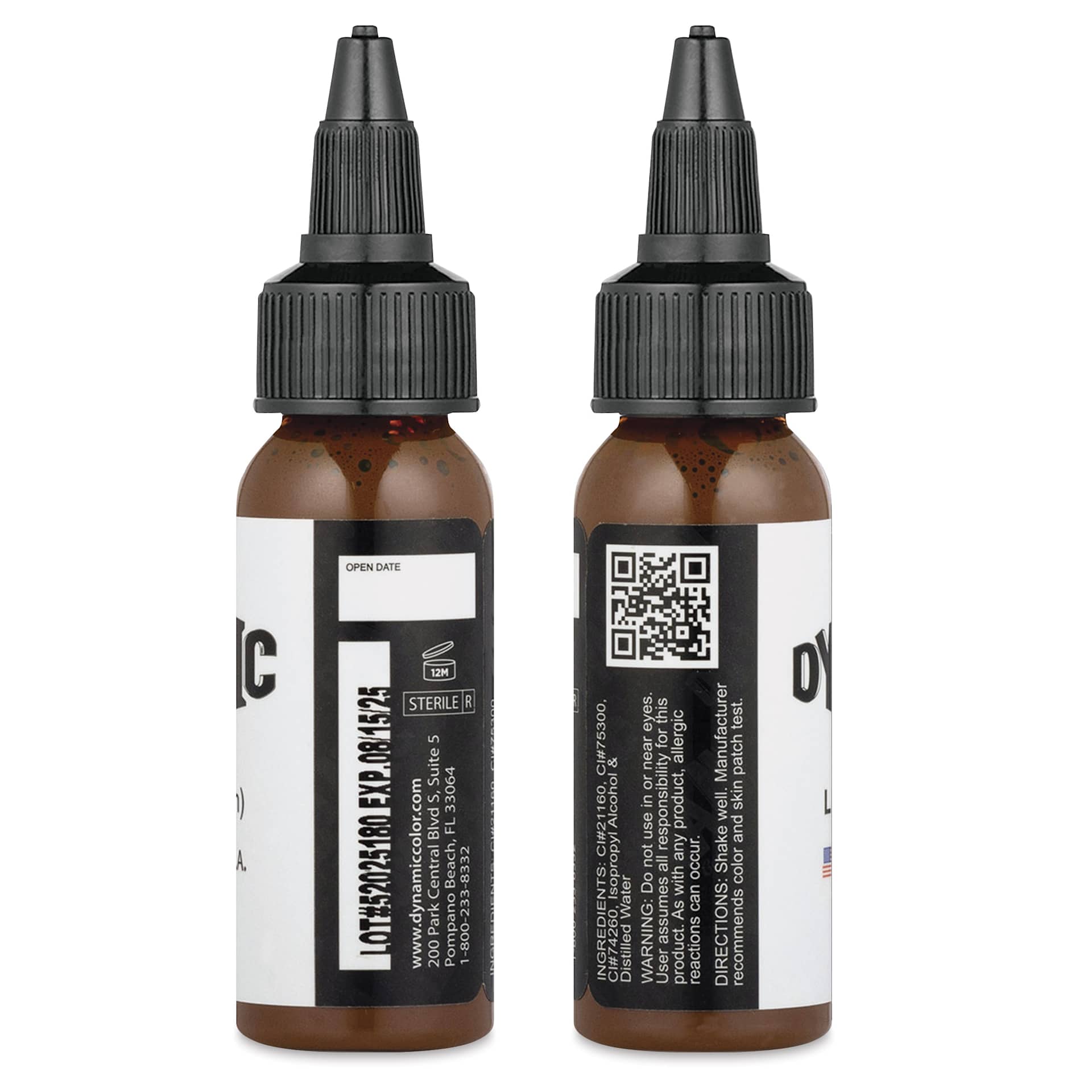 Dynamic Color Tattoo Ink - Light Brown, 1 oz bottle, sides of bottle