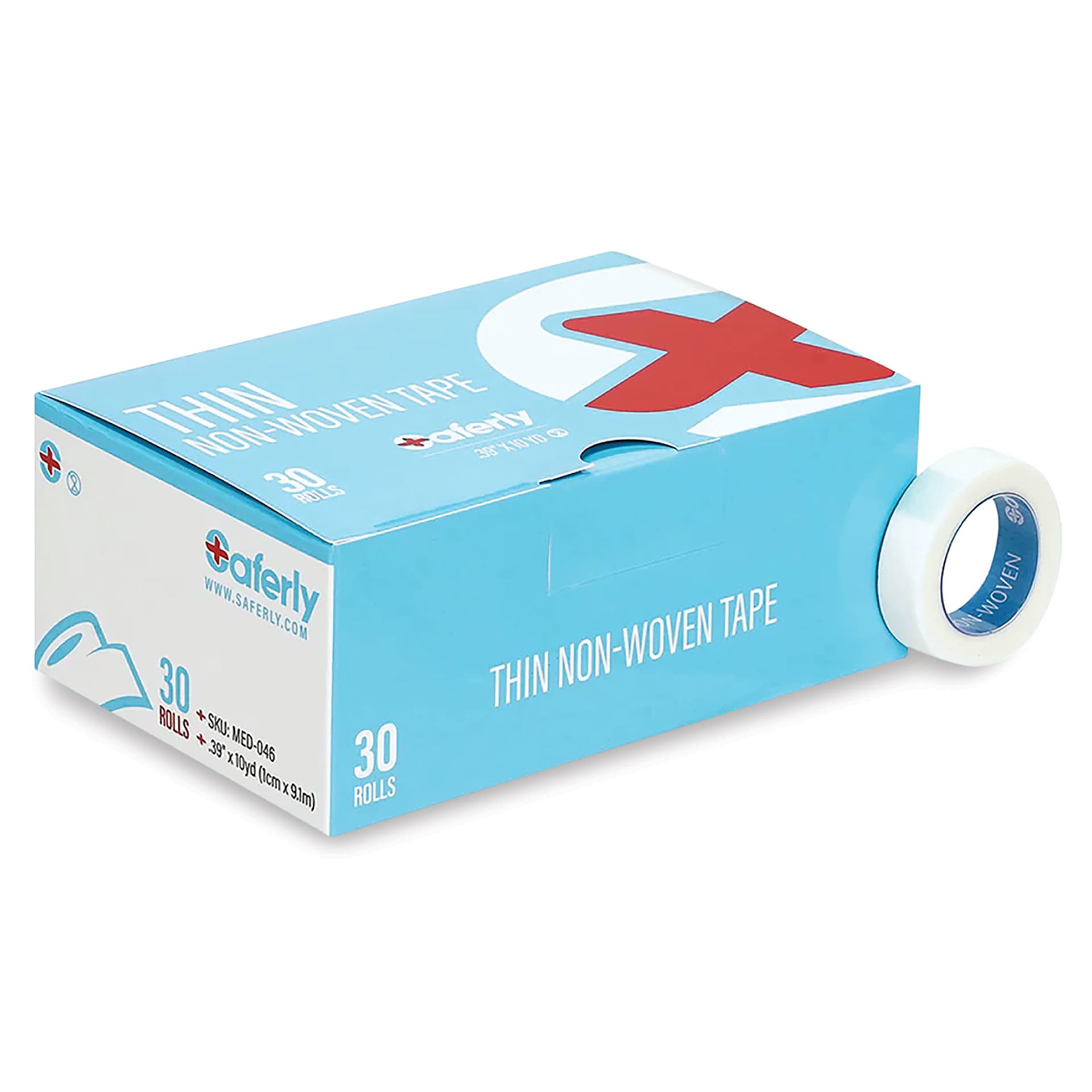 Saferly Medical Tape - 0.39" x 10 yds, Pkg of 30 Rolls, roll next to closed packaging