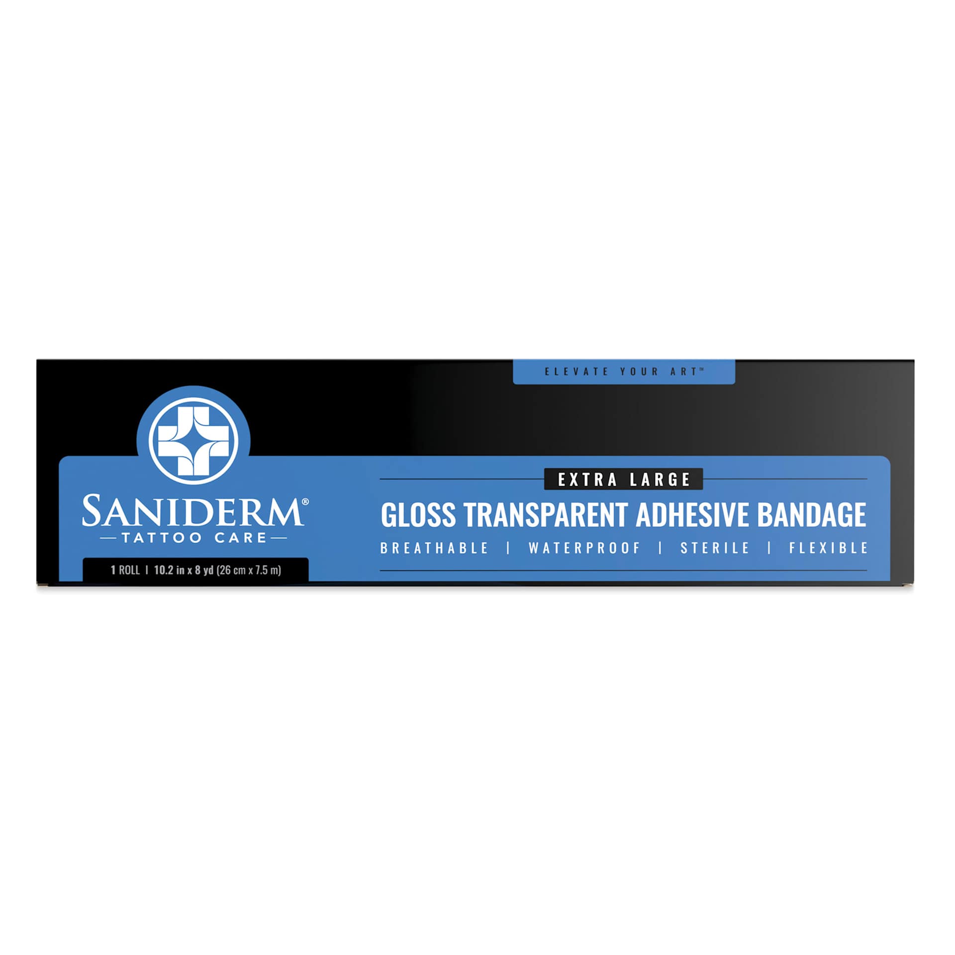 Saniderm Original Tattoo Bandage Roll - Gloss, 10-1/5" x 8 yds, front of packaging