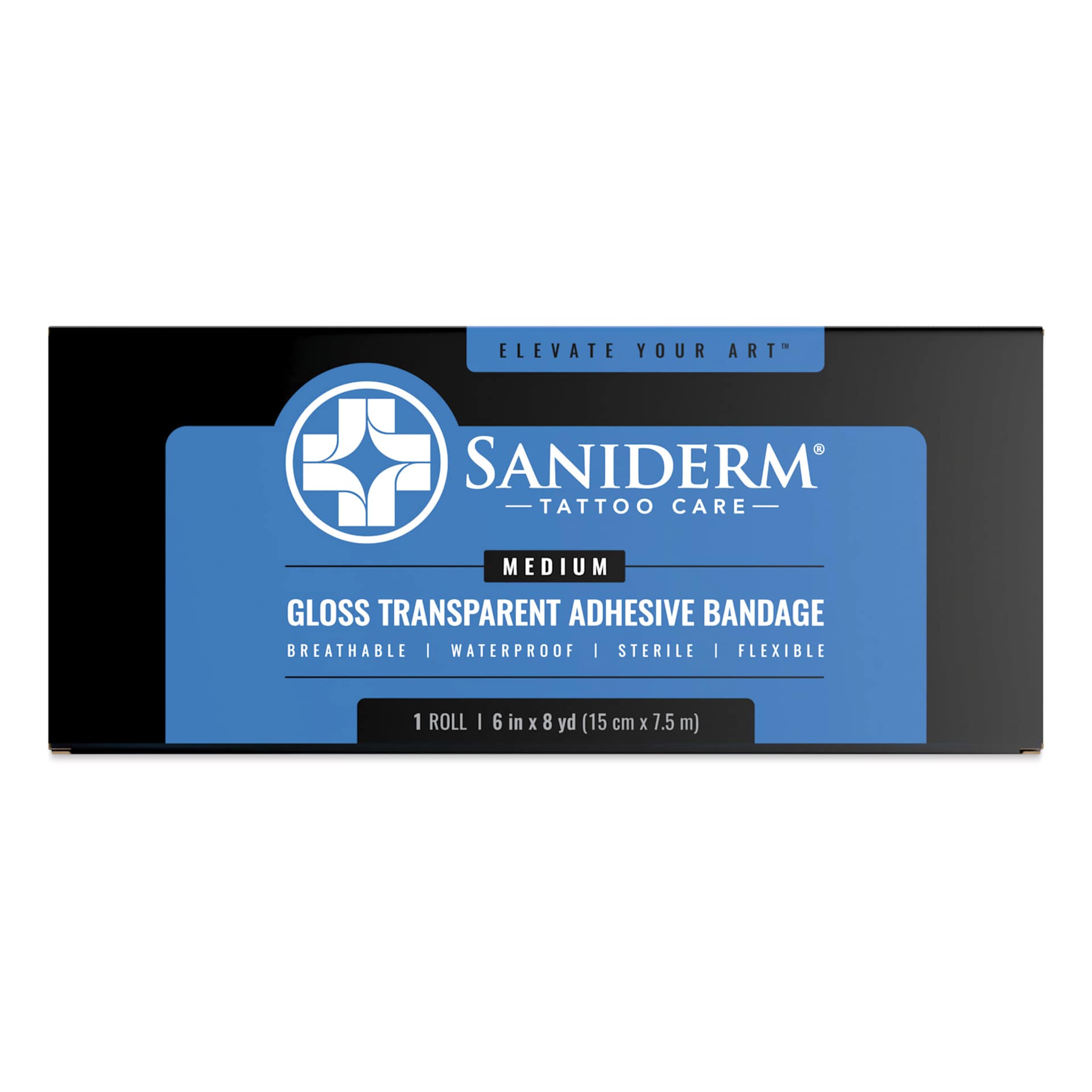 Saniderm Original Tattoo Bandage Roll - Matte, 6" x 8 yds, front of packaging