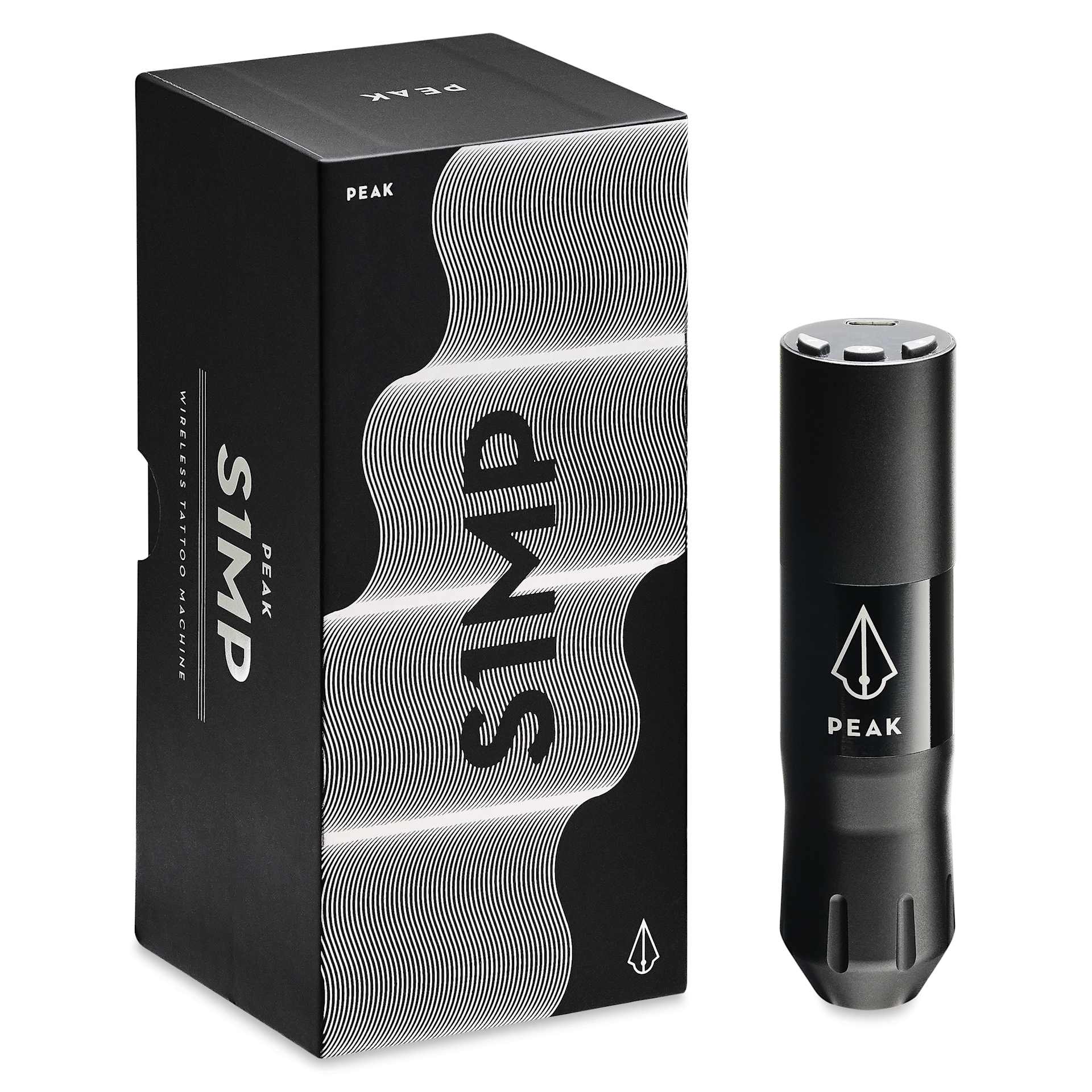Peak S1-MP Wireless Tattoo Machine - Black, assembled machine next to packaging