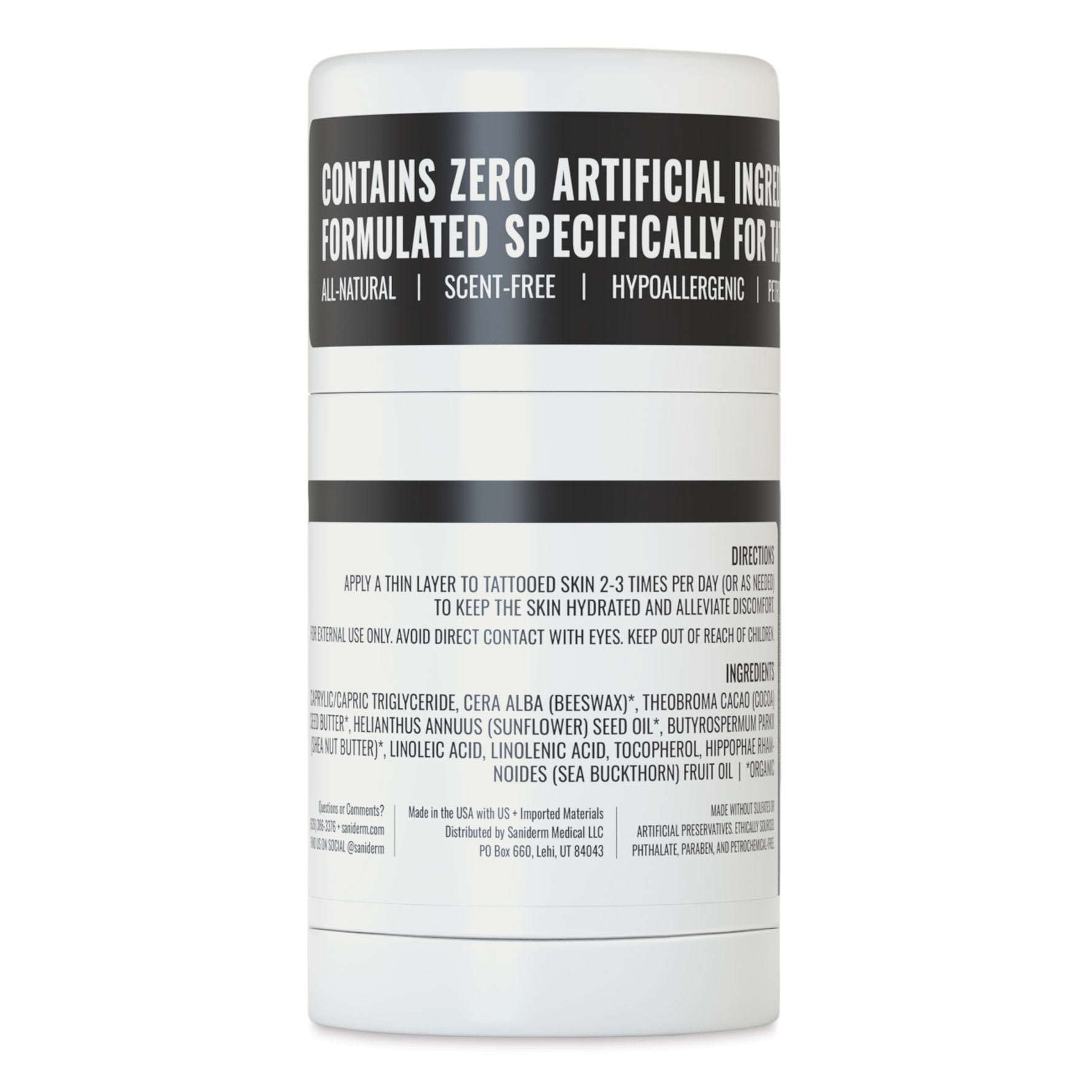 Saniderm Original Tattoo Aftercare Balm - Unscented, 1 oz Stick, back
