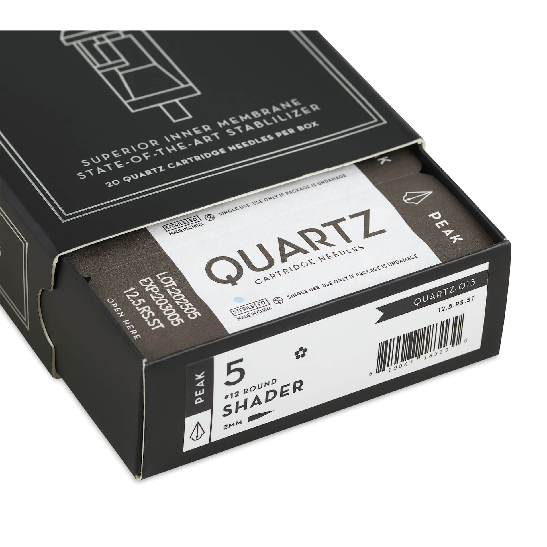 Peak Quartz Round Shader Short Taper Tattoo Needle Cartridges - #12, 5 Needles, Pkg of 20, open packaging