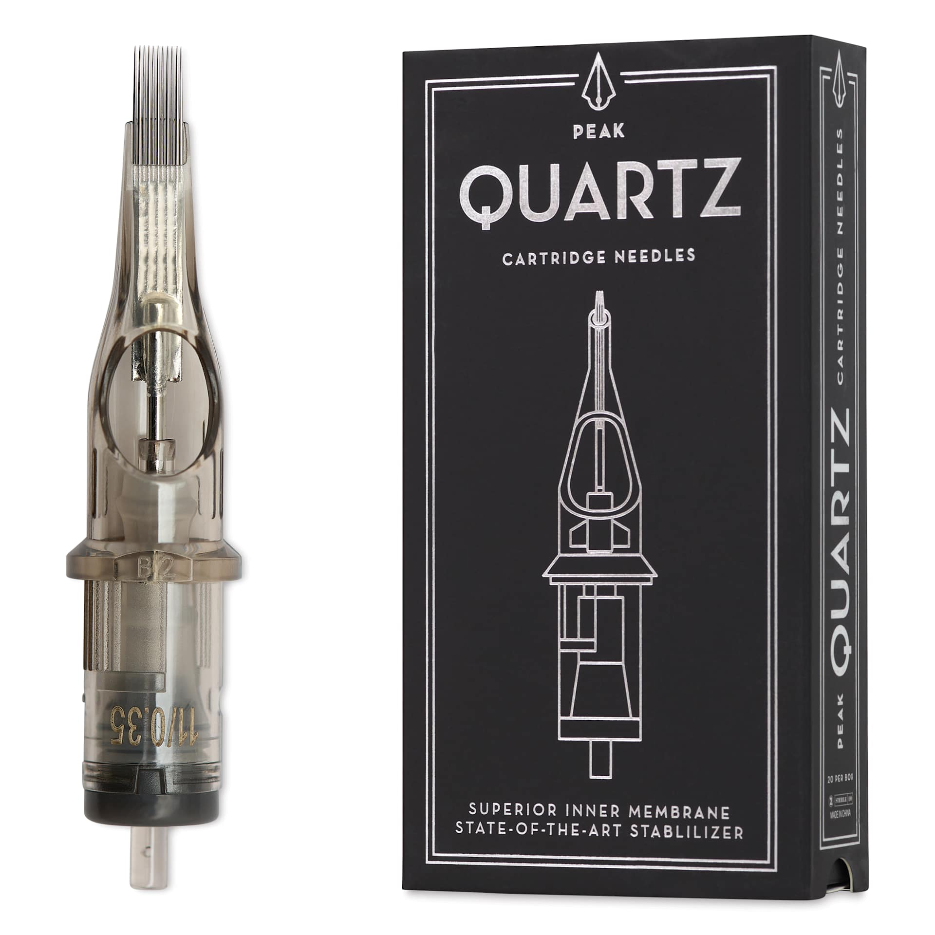 Peak Quartz Magnum Medium Taper Tattoo Needle Cartridges - #12, 11 Needles, Pkg of 20, needle and packaging