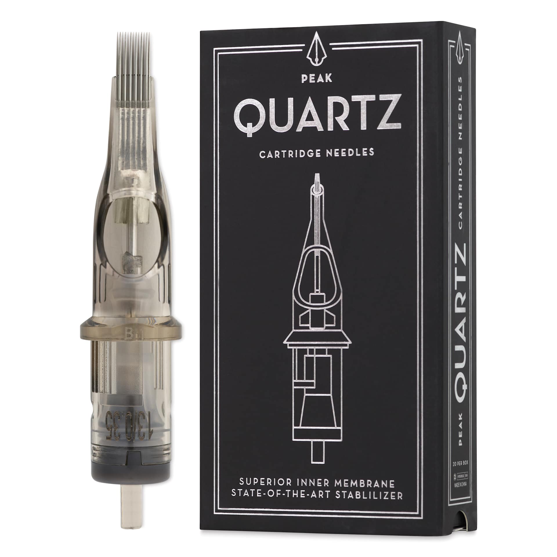 Peak Quartz Magnum Medium Taper Tattoo Needle Cartridges - #12, 13 Needles, Pkg of 20, needle and packaging