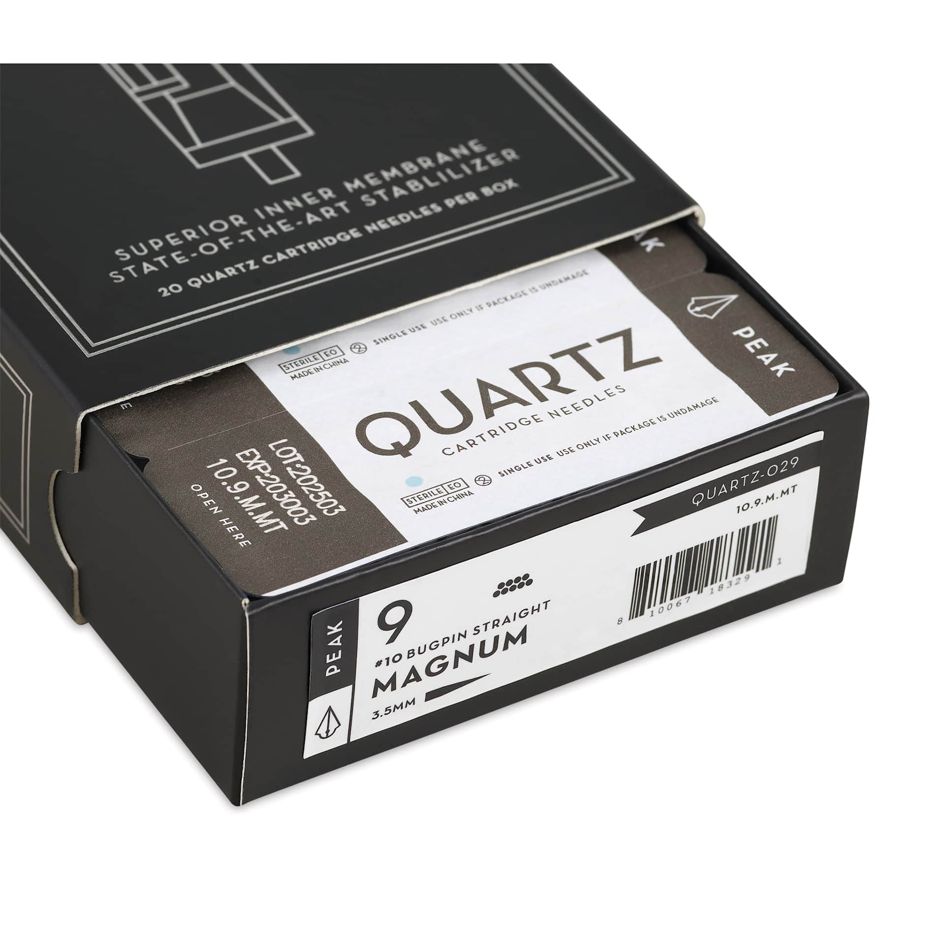 Peak Quartz Magnum Medium Taper Tattoo Needle Cartridges - #10, 9 Needles, Pkg of 20, open packaging
