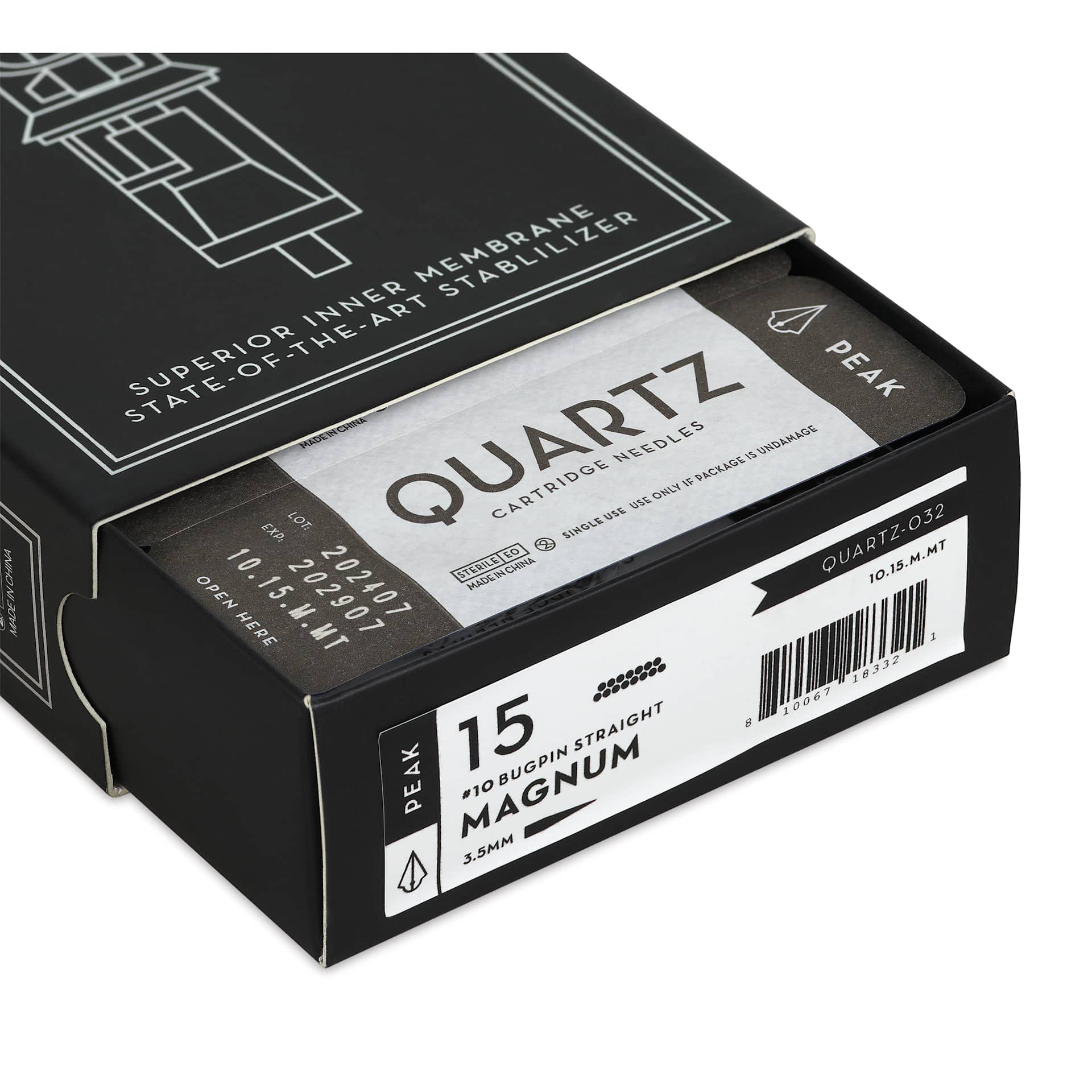 Peak Quartz Magnum Medium Taper Tattoo Needle Cartridges - #10, 15 Needles, Pkg of 20, open packaging