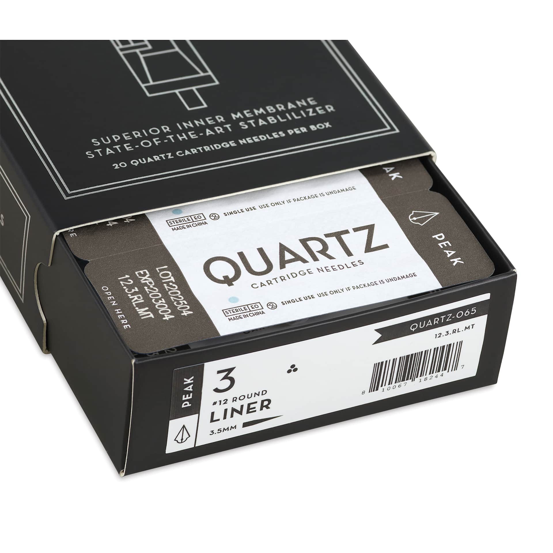 Peak Quartz Round Liner Medium Taper Tattoo Needle Cartridges - #12, 3 Needles, Pkg of 20, opened packaging