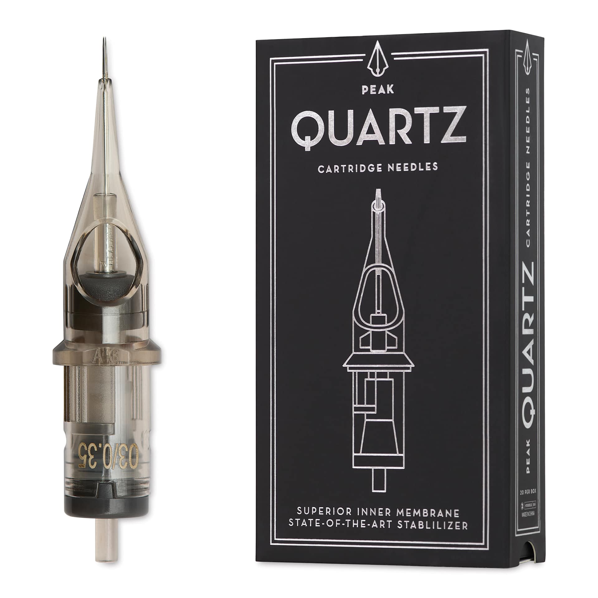 Peak Quartz Round Liner Medium Taper Tattoo Needle Cartridges - #12, 3 Needles, Pkg of 20, needle with packaging