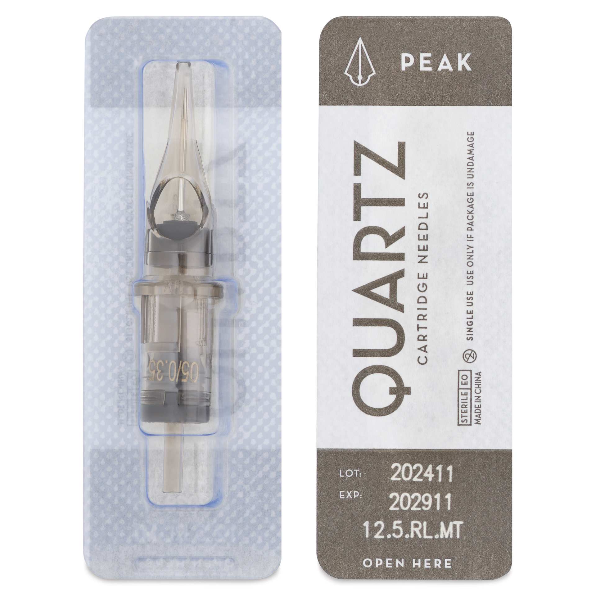 Peak Quartz Round Liner Medium Taper Tattoo Needle Cartridges - #12, 5 Needles, Pkg of 20, single needle packaging