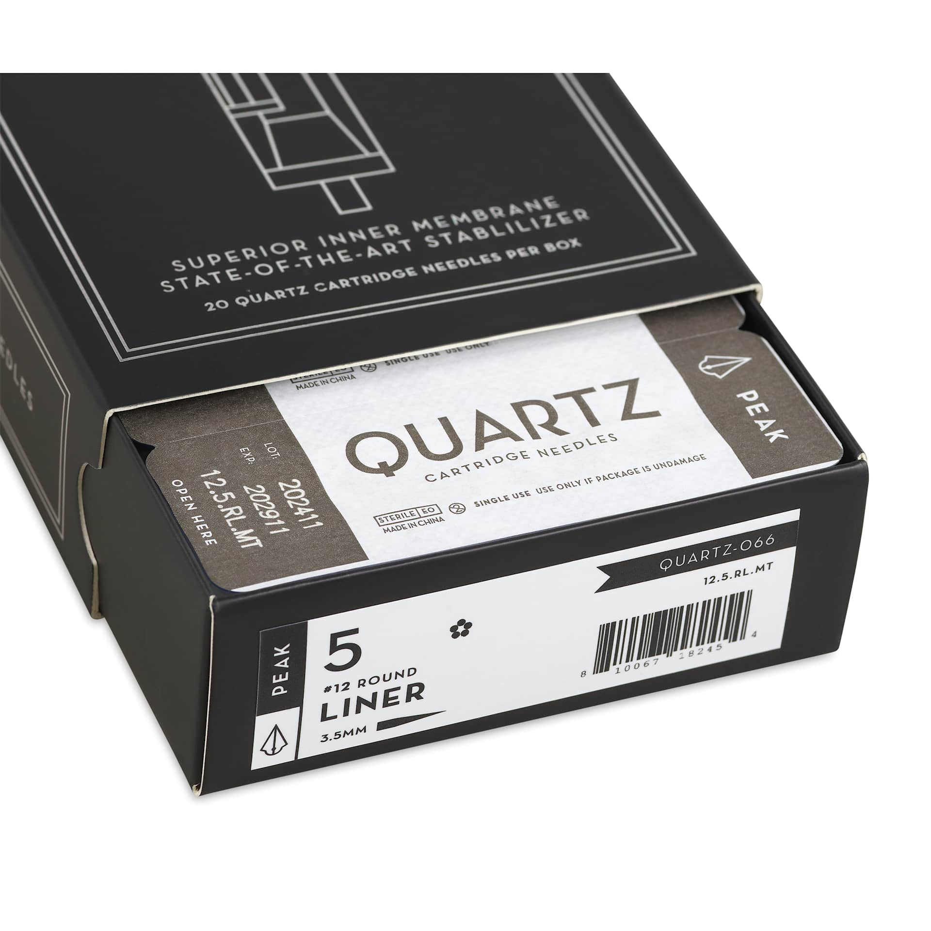 Peak Quartz Round Liner Medium Taper Tattoo Needle Cartridges - #12, 5 Needles, Pkg of 20, open packaging