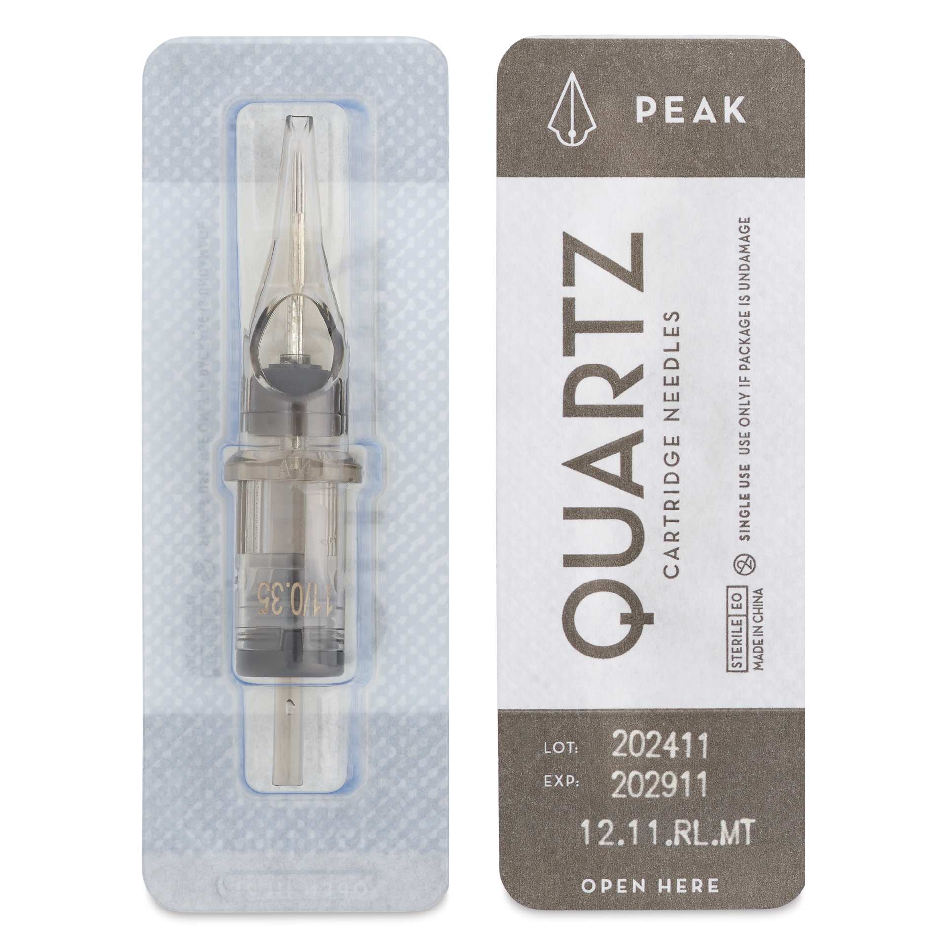 Peak Quartz Round Liner Medium Taper Tattoo Needle Cartridges - #12, 11 Needles, Pkg of 20, single needle packaging