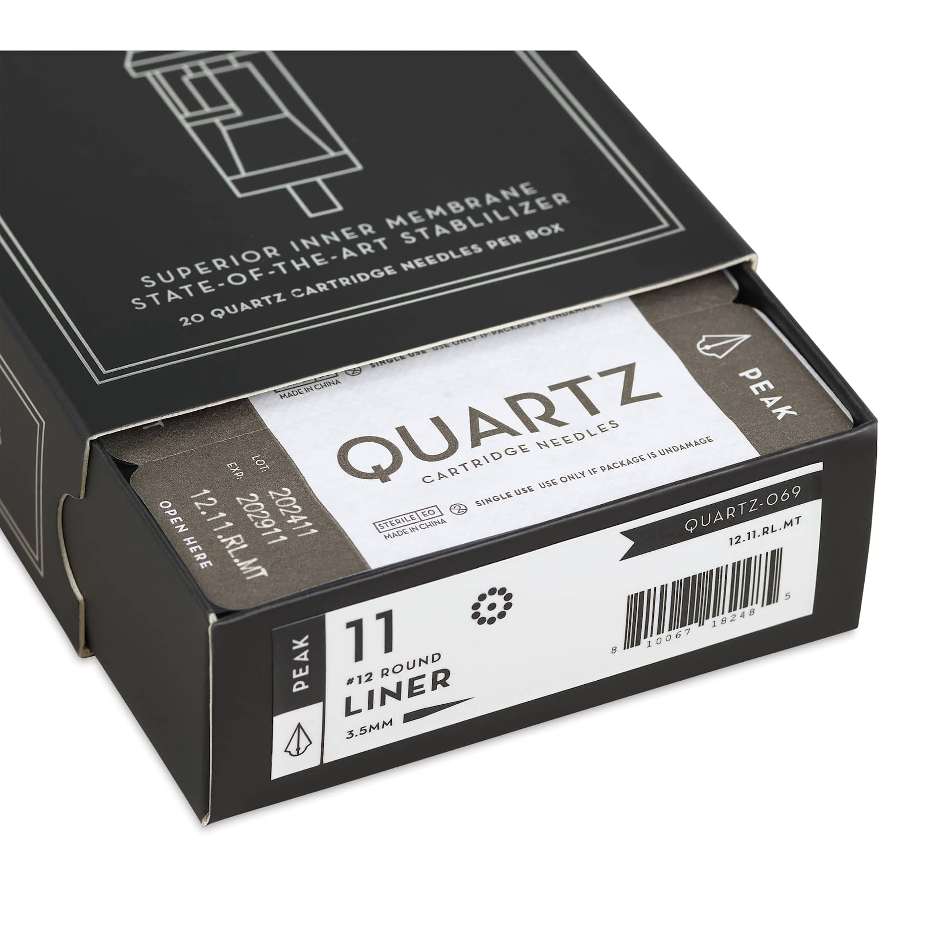 Peak Quartz Round Liner Medium Taper Tattoo Needle Cartridges - #12, 11 Needles, Pkg of 20, open packaging
