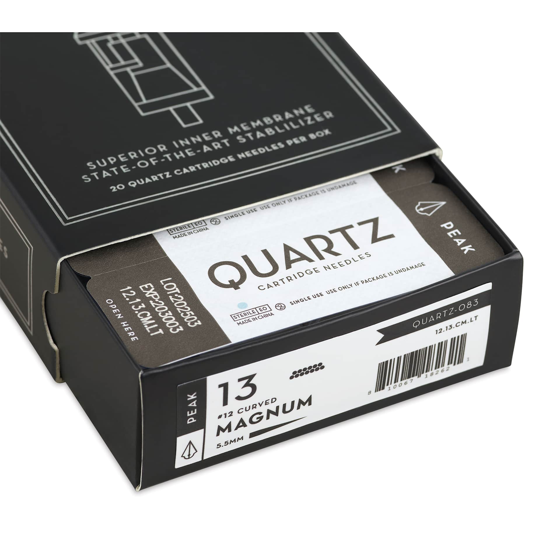 Peak Quartz Curved Magnum Long Taper Tattoo Needle Cartridges - #12, 13 Needles, Pkg of 20, open packaging