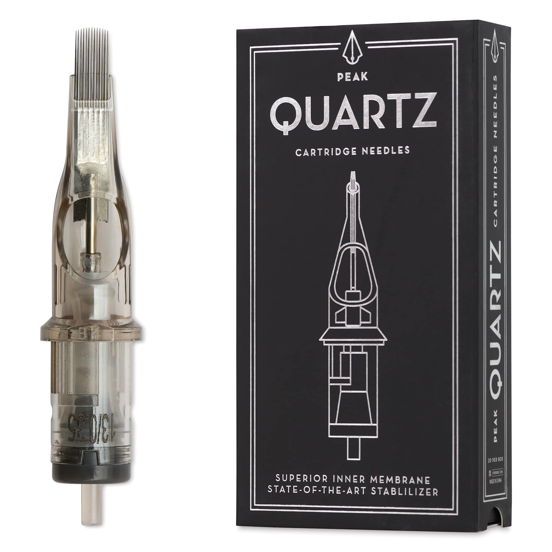 Peak Quartz Curved Magnum Long Taper Tattoo Needle Cartridges - #12, 13 Needles, Pkg of 20, needle and packaging