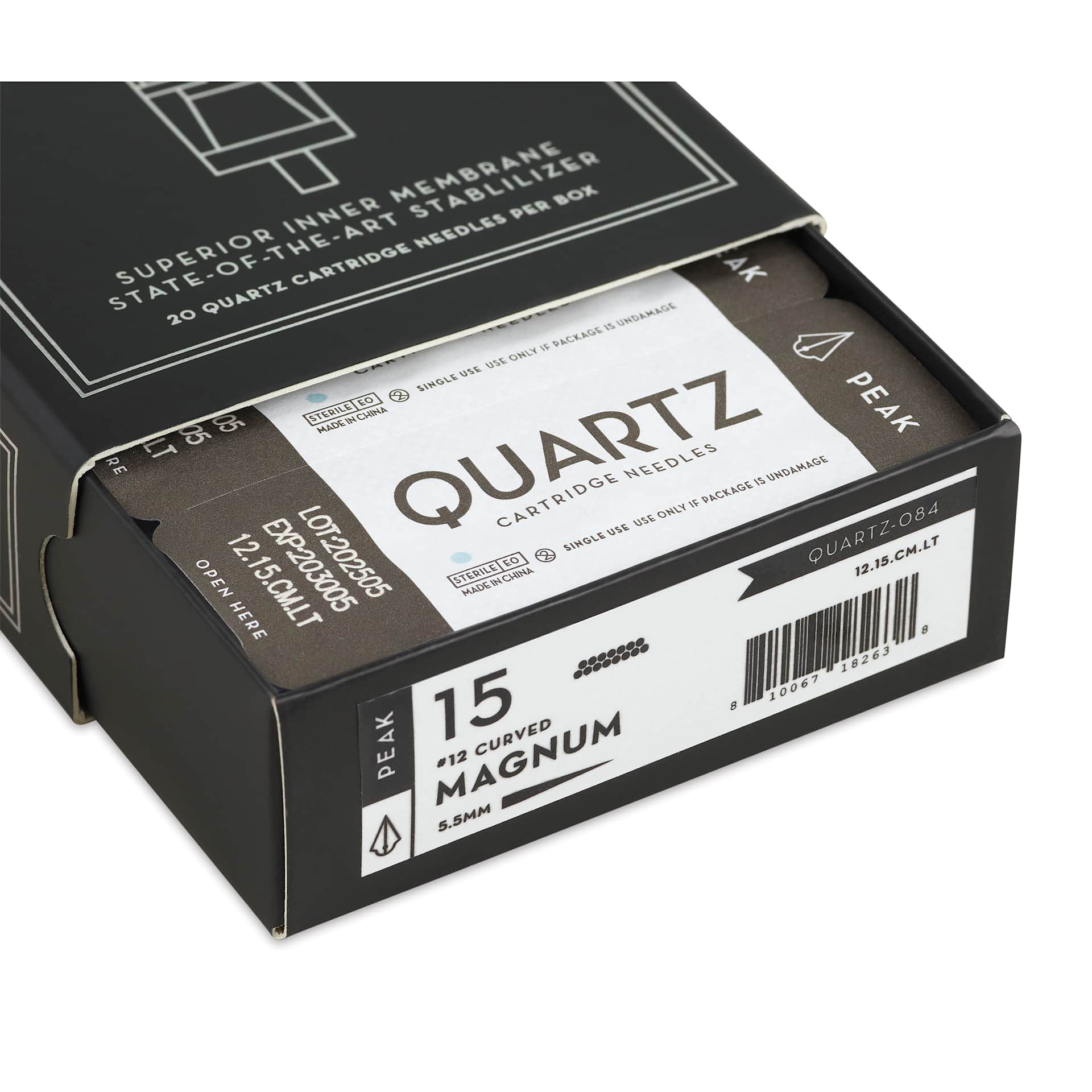 Peak Quartz Curved Magnum Long Taper Tattoo Needle Cartridges - #12, 15 Needles, Pkg of 20, open packaging