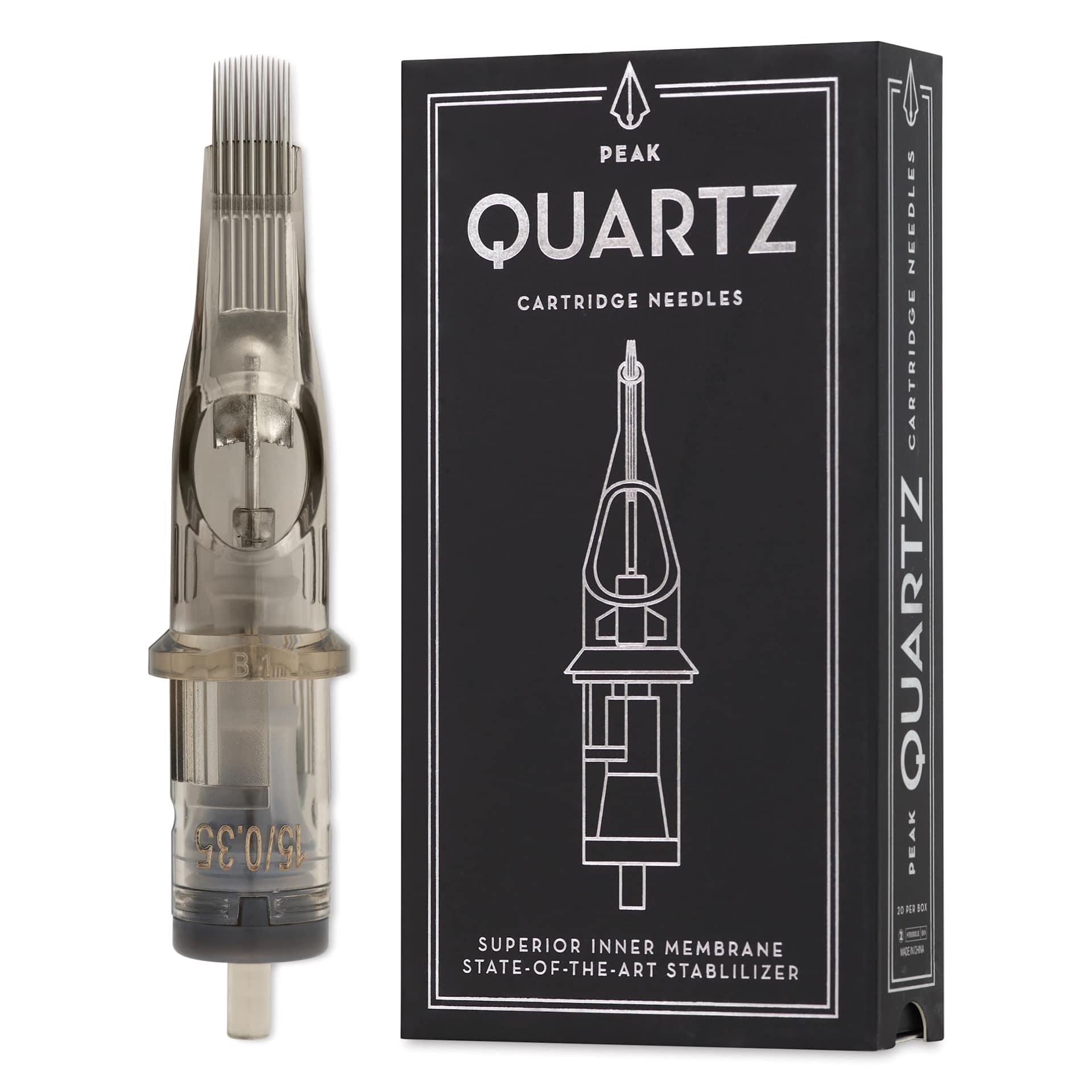 Peak Quartz Curved Magnum Long Taper Tattoo Needle Cartridges - #12, 15 Needles, Pkg of 20, needle and packaging