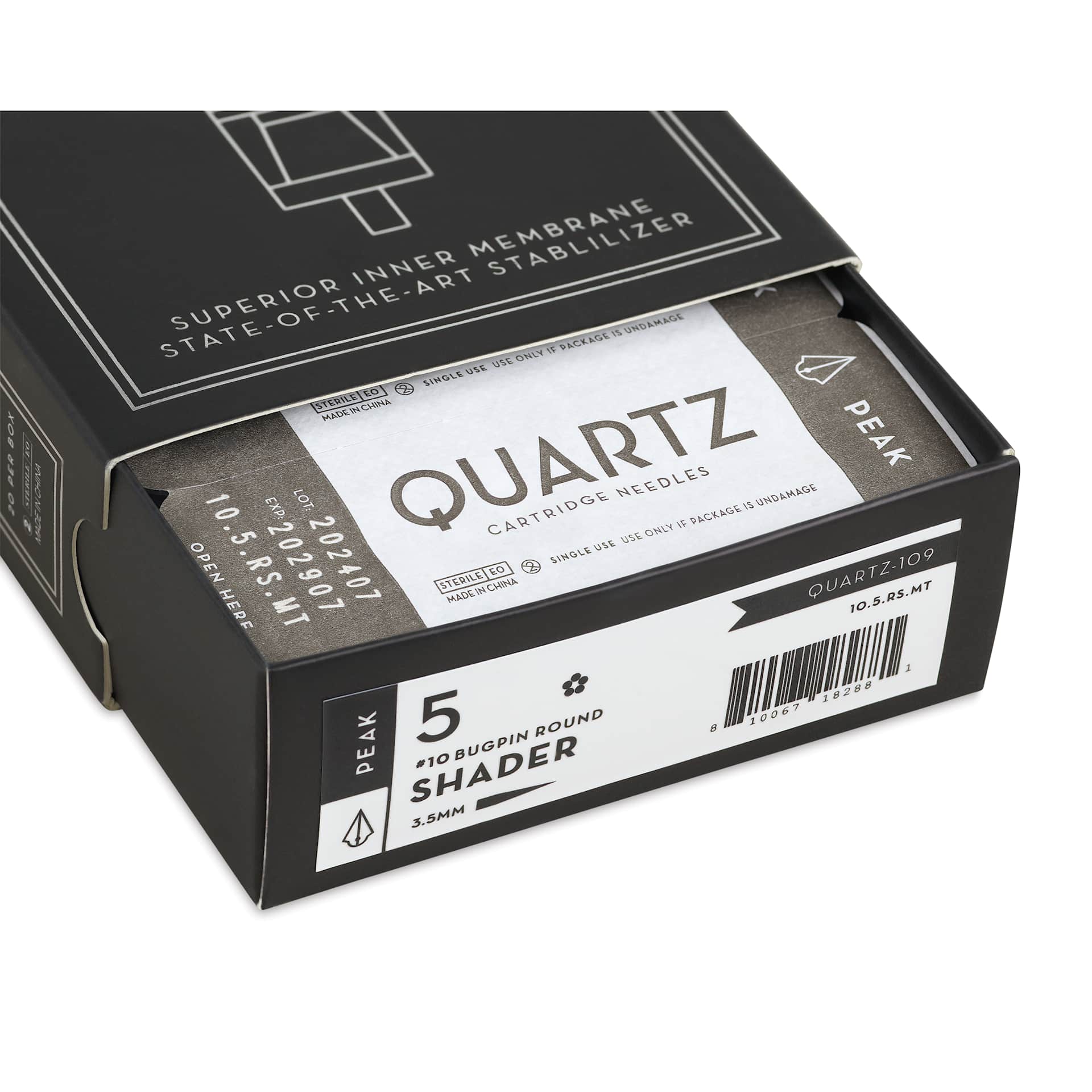 Peak Quartz Round Shader Medium Taper Tattoo Needle Cartridges - #10, 5 Needles, Pkg of 20, open packaging
